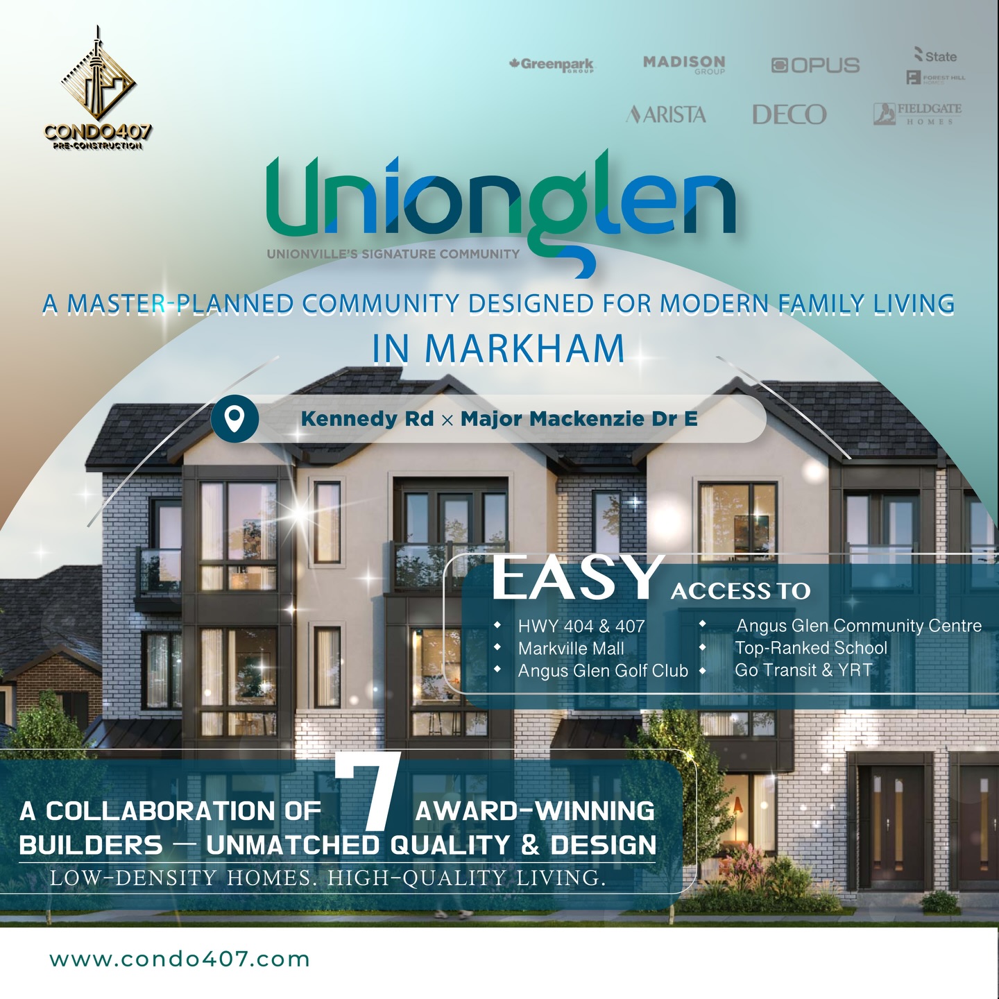 🌿✨ Union Glen Living – Where Modern Family Life Comes Together ✨🏡
📍 Markham, ON
Discover Union Glen, a master-planned community designed for families who value space, quality, and long-term lifestyle. Thoughtful planning, low-density homes, and timeless architecture come together to create a place that feels both refined and welcoming.
🌳 Quiet, tree-lined streets & nearby community parks
🏫 Top-ranked York Region schools within easy reach
🚆 Convenient access to GO Transit, YRT & Hwy 404 / 407
🛍️ Minutes to Markville Mall, local shops & daily essentials
🏡 Well-designed layouts made for everyday living
☀️ Bright interiors with functional, family-friendly flow
🎨 Modern finishes with attention to detail
🛡️ A collaboration of 7 award-winning builders
✨ Low-density homes. High-quality living.
Union Glen offers a balanced lifestyle — where comfort, convenience, and community grow together.
📩 Contact today:
☎️ 416.856.1997
☎️ 416.879.6118
📧 info@condo407.com
🌐 www.condo407.com
#UnionGlen #Markham #MarkhamLiving #MasterPlannedCommunity
#FamilyHomes YorkRegion NewHomesMarkham