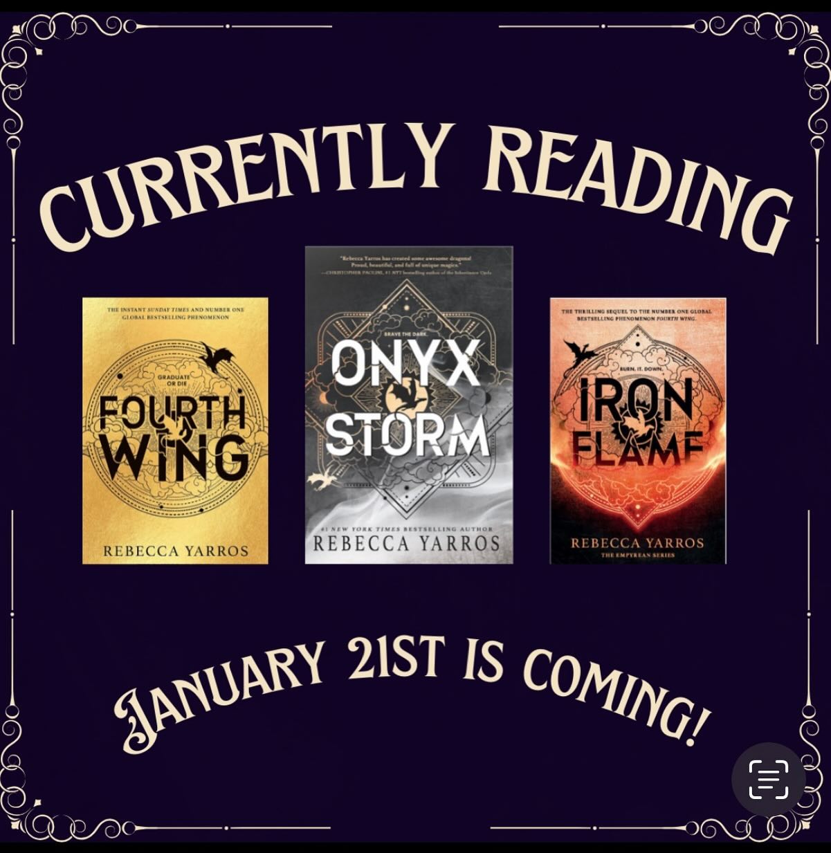 While we wait on our next shipment. Onyx Storm is coming out next week and and it’s time to re-read Fourth Wing and Iron Flame! #onyxstorm #romancebooks #currentlyreading #bookstagram