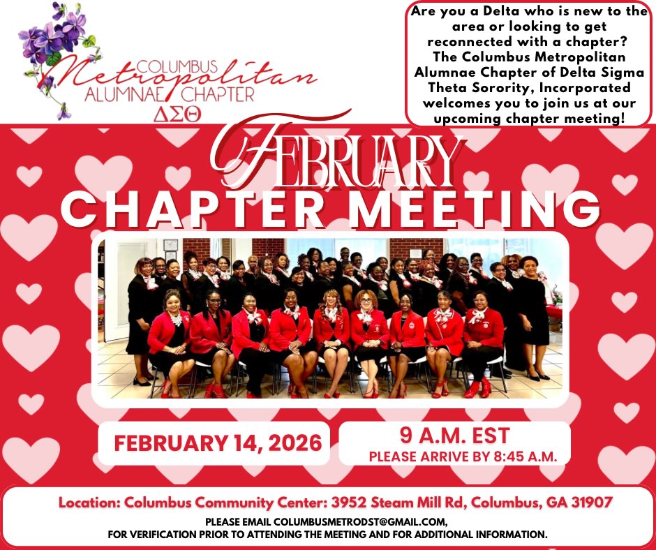 Hey Sorors! The Columbus Metropolitan Alumnae Chapter of Delta Sigma Theta, Incorporated would love to have you join us for our January chapter meeting. Please email columbusmetrodst@gmail.com to pre-register for the meeting you plan to attend.
NOTE: The meeting is open to duly initiated members of Delta Sigma Theta Sorority, Inc.