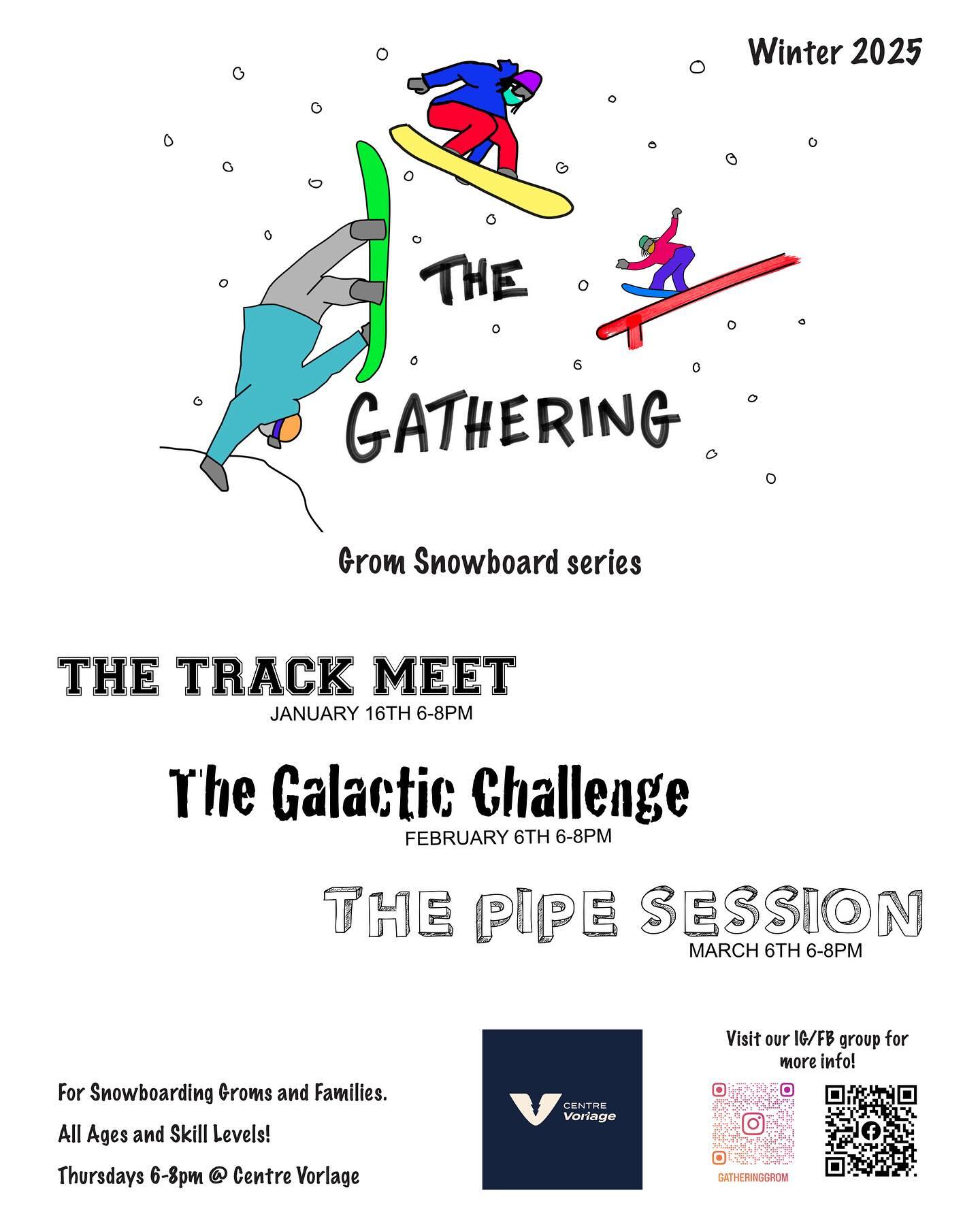 The Gathering’s Grom Series is BACK!
We have 3 funtastic events lined up for this season.
Coming in Jan is our Track Meet! Fun mini challenges and activities for all Groms to participate in.
Next, in February we have our staple event, the Galactic Passport Challenge!!! This will be our 3rd year hosting this event, always a Grom favourite.
Last but not least, we’re excited to host our first Grom Pipe Session in March!
Stay tuned for more details. We’ll try and post more info soon on each event.