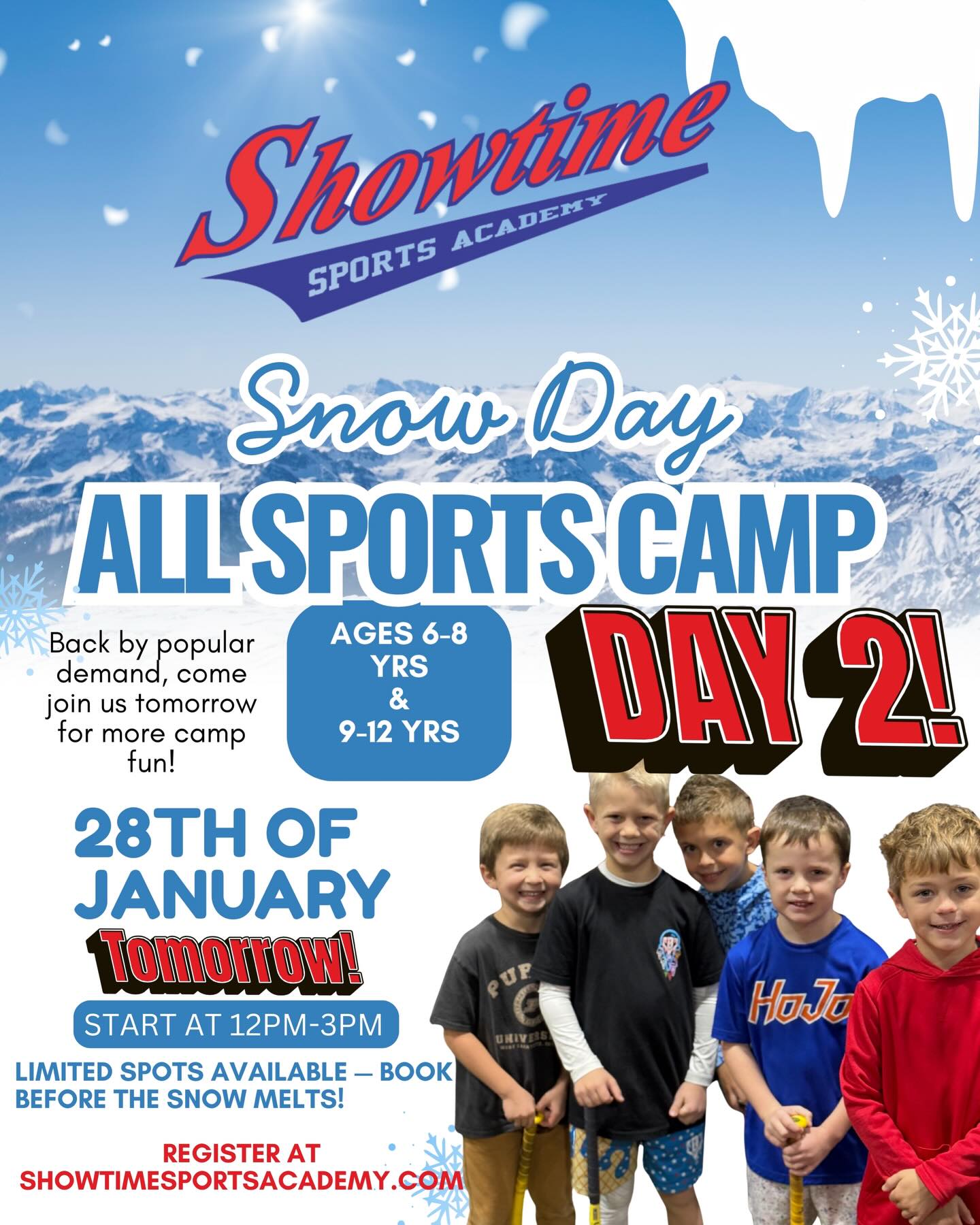 We’re bringing another Snow Day All Sports Camp back tomorrow! After the incredible success and turnout we had today, we went ahead and made it available again! If you didn’t make it the first time, well here’s your chance. If you made it today, come one back and have some fun!