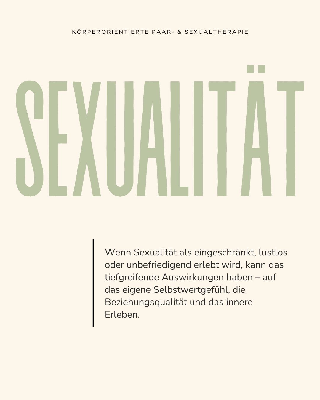 In meiner sexualtherapeutischen Arbeit verbinde ich körperorientierte, psychodynamische und beziehungszentrierte Methoden.
Zentral ist dabei das Erforschen an Wünschen, Grenzen und Hemmnissen. Gemeinsam identifizieren wir belastende Aspekte und beleuchten die oft unbewussten Hintergründe – sei es aus der Biografie, aus Beziehungserfahrungen oder durch gesellschaftlich erlernte Muster.
Mithilfe körpertherapeutischer Zugänge wird das Spüren von Bedürfnissen und Grenzen unterstützt, sodass nicht nur der Kopf, sondern auch der Körper mit in den Prozess einbezogen wird.
#Sexualtherapie
#Sexualberatung
#Sexualpsychologie
#Psychotherapie
#Therapie #Sexualität
#Intimität #Lust #Begehren #Nähe