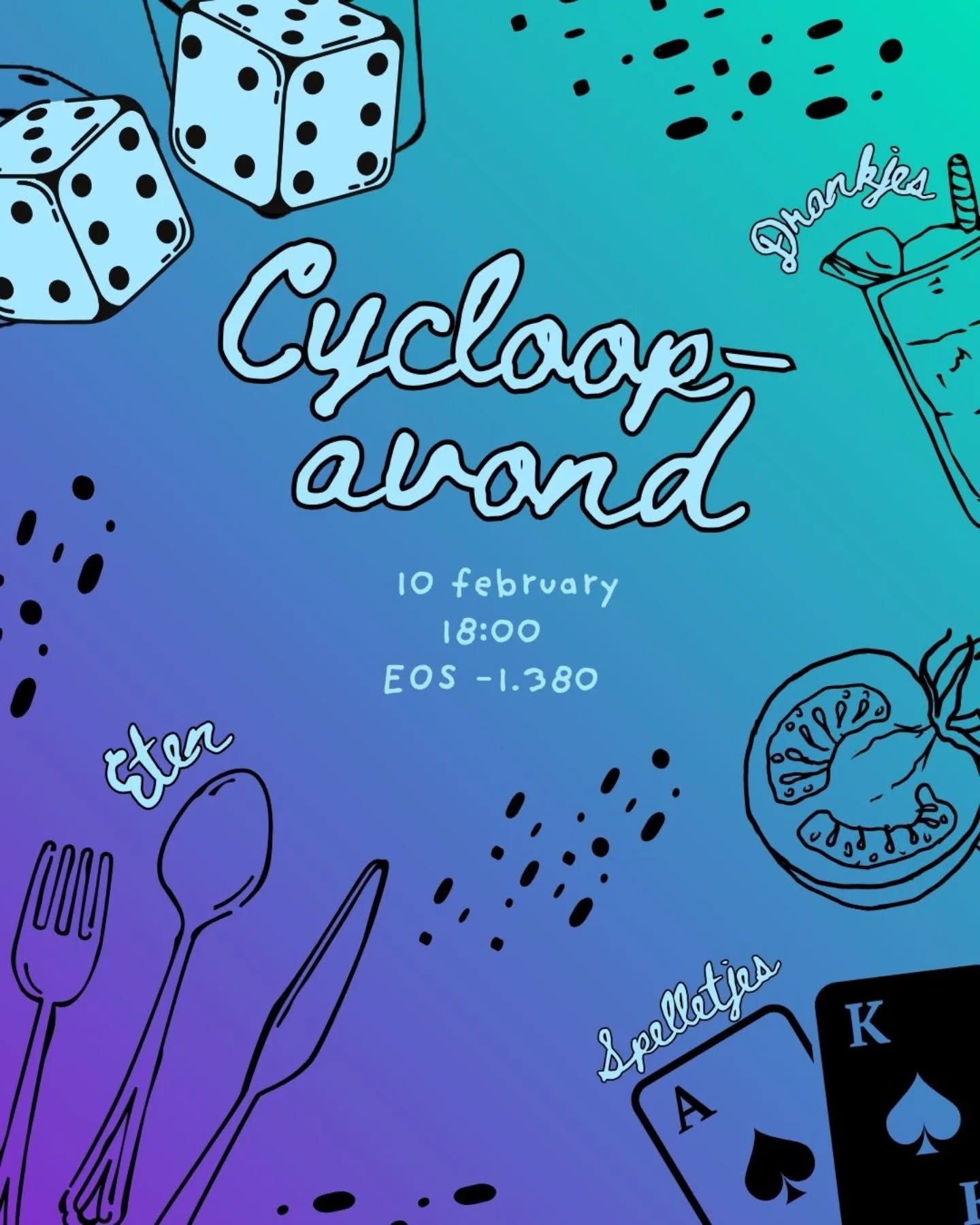 Nu de examens voorbij zijn en we weer wat vrije tijd hebben, is het het perfecte moment om naar de Cycloop Avond te komen! Eten, drinken en tijd doorbrengen met je medeleden tijdens dit sombere seizoen, wat wil je nog meer?
Het vindt zoals gewoonlijk plaats in EOS -1.380, op 10 februari. Meld je aan via de onderstaande link als je wilt komen, zodat we een schatting kunnen maken van het aantal deelnemers. Als je ook wilt aansluiten voor het diner, geef dat dan aan bij je aanmelding. Houd er rekening mee dat er, net als de vorige keer, een bijdrage van ca. 4 € wordt gevraagd voor het dinner.
https://forms.gle/QLvSyGifLU7ZZgBe9
---
Now that exams are over, and we have some free time again, it is the perfect time to come to the Cycloop Avond! Food, Drinks and spending time with your fellow members during this gloomy season, what could be better?
It will, as usually, be in EOS -1.380, on the 10th of February. Please sign up in the link below if you want to come so we can estimate the attendance. If you also want to join for dinner just indicate that in the sign up. Do note that, like last time there will be a fee of ca. 4 € for dinner.
https://forms.gle/QLvSyGifLU7ZZgBe9