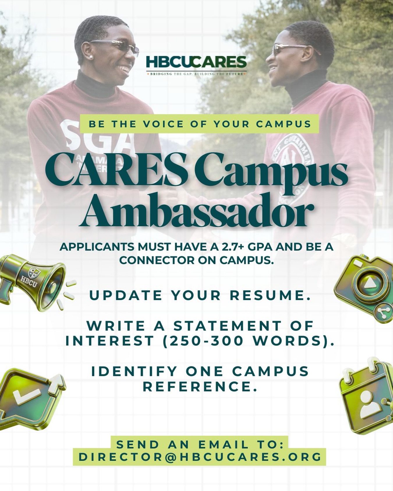 Have you submitted your application to be our CARES Ambassador?
Don’t leave this opportunity on the table. Secure your spot in the movement that is building the future of our institutions.
Application Checklist:
1️⃣ Minimum 2.7 GPA
2️⃣ Updated Professional Resume
3️⃣ Statement of Interest (250–300 words)
4️⃣ One Campus Reference
💻 Find more information on our website - www.hbcucares.org
#HBCUCares #CampusAmbassador #HBCULeadership #StudentImpact #HBCUStrong