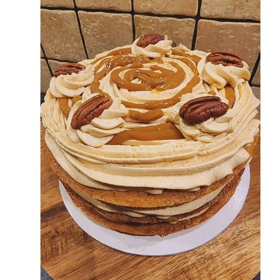 Coffee walnut layer cake with caramel frosting.