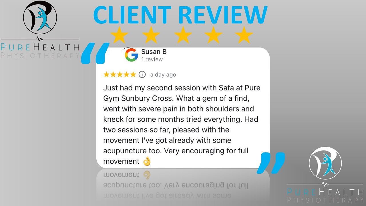 We love receiving reviews telling us how our treatments make our clients’ lives easier. Keep them coming!
www.purehealthphysio.co.uk
Info@purehealthphysio.co.uk
07443 419 973
#physiotherapy #sportsrehab #sportsmassage #dryneedling #acupuncture #feltham #sunburyonthames