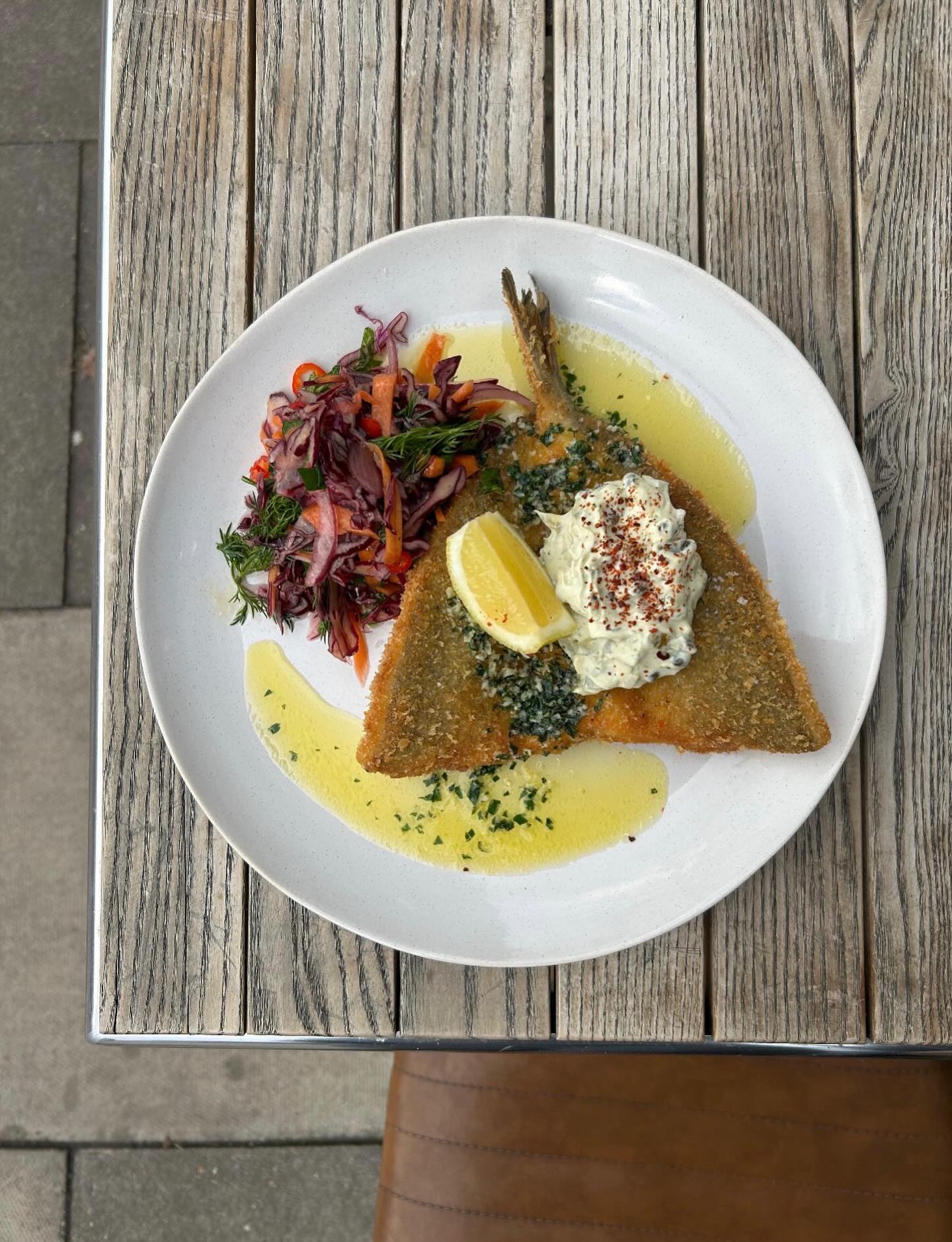 Sea bream schnitzel, house tartare, garlic butter. A solid lunch dish this week.
