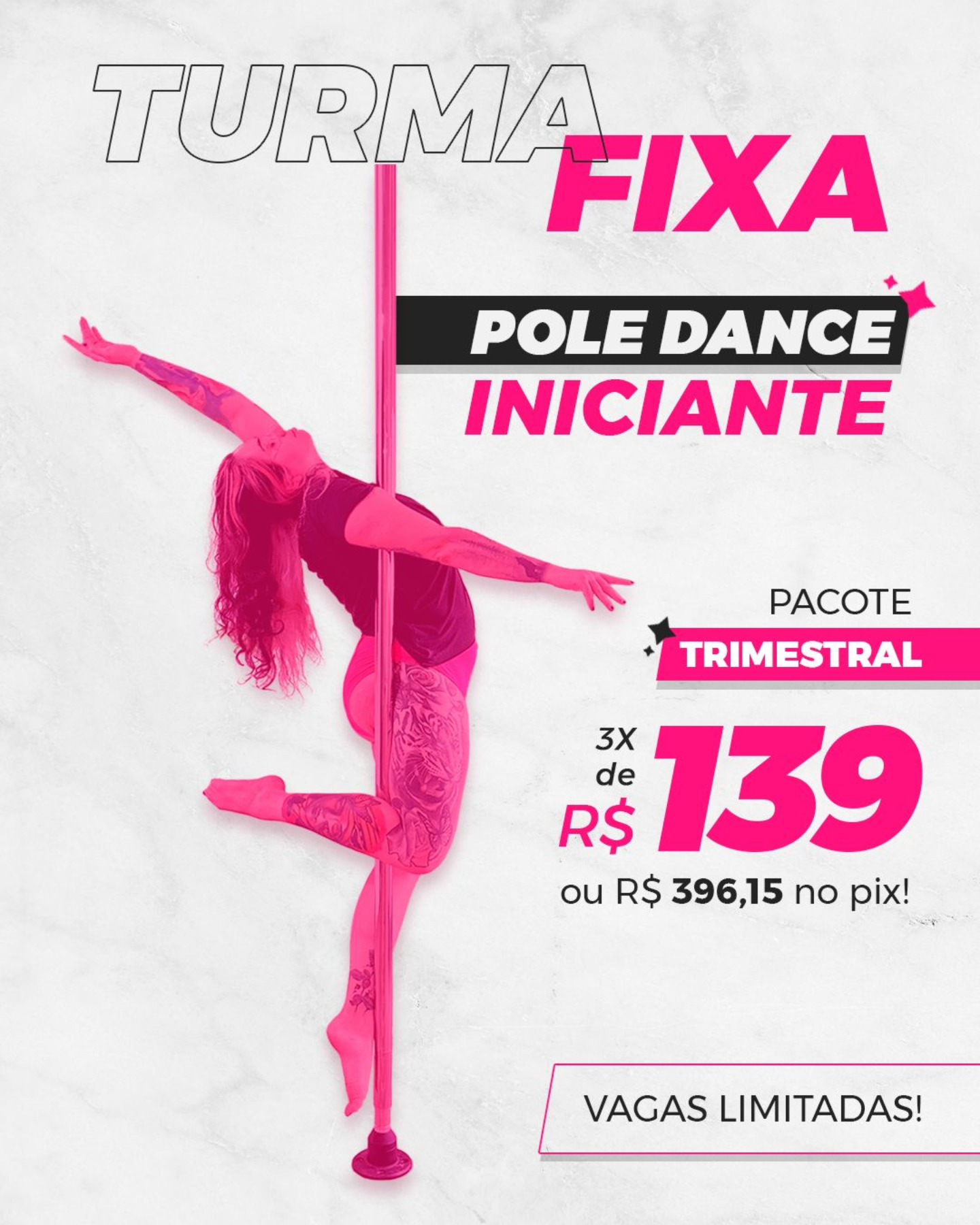 ✨ Turma Fixa – Pole Iniciante ✨
Se você sempre quis experimentar o Pole Dance, essa é a sua chance! Vem começar do zero com a gente e descubra toda a força, leveza e confiança que o Pole traz.
📅 Início: 08/03 (após o Carnaval)
📆 Duração: 3 meses (12 aulas)
📍 Frequência: 1x por semana
⏰ Horários disponíveis:
- Terça-feira – 14h
- Quinta-feira – 14h
- Sábado – 11h
- Sábado – 14h
💰Investimento:
- 3x de R$ 139,00 no cartão
- R$ 396,15 à vista no Pix (5% de desconto)
🚨 Vagas limitadas: 6 por turma!
Se joga nessa oportunidade de começar algo novo e transformador! E aí, tá pronta pra ser uma Good Girl?! ✨
📩 Garanta sua vaga pelo direct ou WhatsApp!
#PoleDance #PoleIniciante #TurmaFixa #PoleFitness #Dança #Autoestima #Empoderamento #PoleDanceBrasil #poledanceguaruja