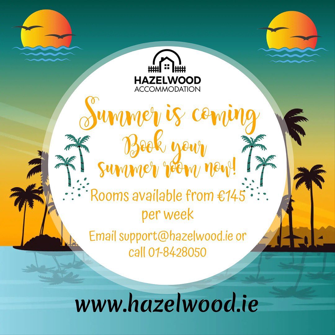 Summer is just around the corner! Don’t miss out and book your room for the summer with Hazelwood! Rooms starting from €145 per week. Get in touch now #studentlife #studentaccommodations #summer