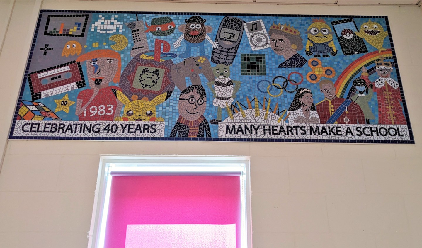 Celebrating 40 years with an incredibly fun and nostalgic timeline themed mosaic. Every element was drawn by a child in the school!
#80s #90#s #00s #2000s #celebrating40years #1983 #2023 #drawnbychildren #schoolworkshopsuk #handmadeuk #mosaicmakers #wemakemosaics #mosaicsforschools