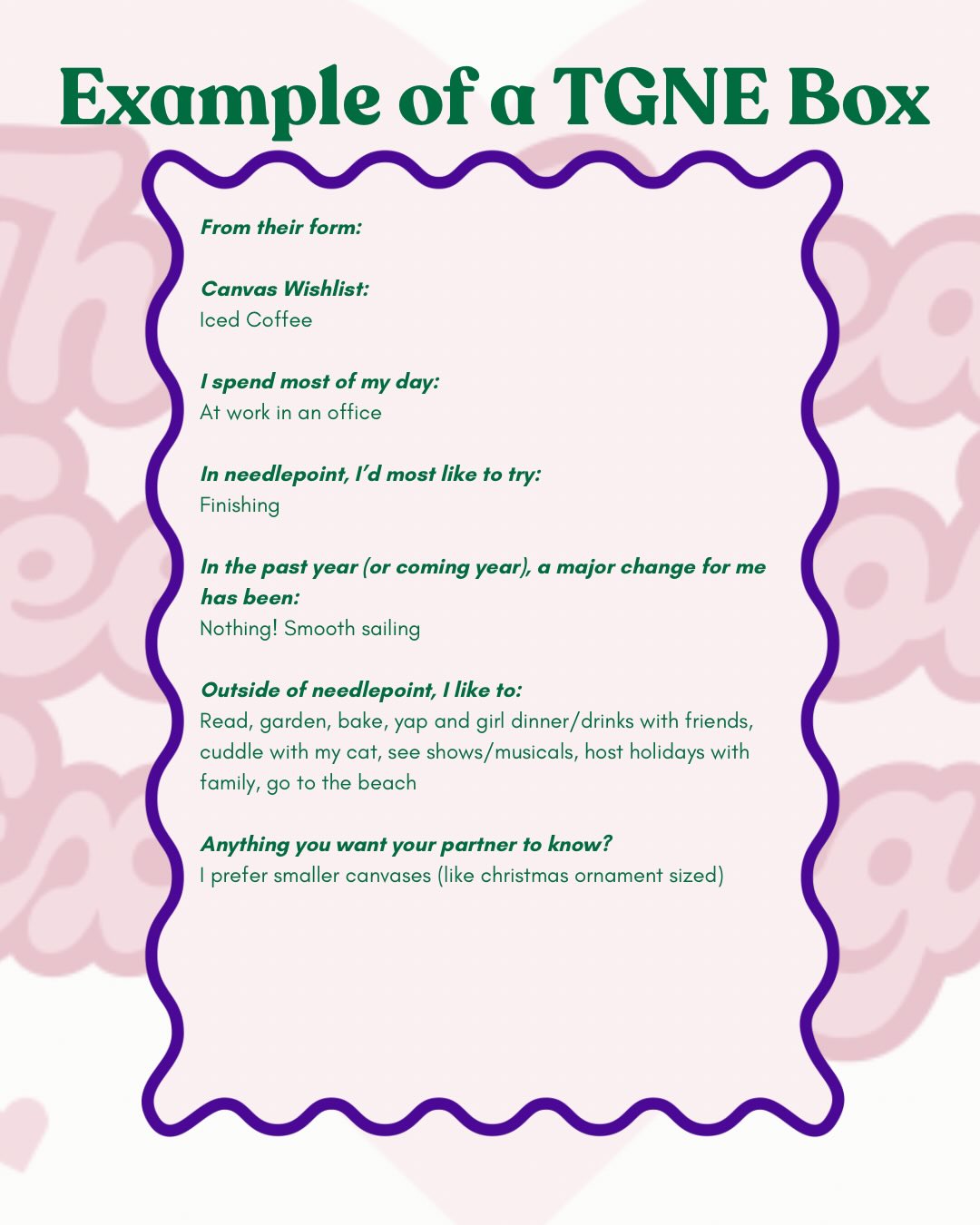 Example #1: here’s a real life example (shared with permission) for some ideas for your partner! I can personally attest to a 10/10 package when something for their pet is included. They are such a huge part of our lives and have we ever even asked them if they also like getting snail mail?
Plus a sneak peek of OFFICIAL MERCH?! Who are we?!
The Great Needlepoint Exchange for needlepointers of all levels. Registration for 2026 is now closed. The best way to be in the know is to sign up for the Bateswood Needlepoint newsletter at bateswoodneedlepoint.com.