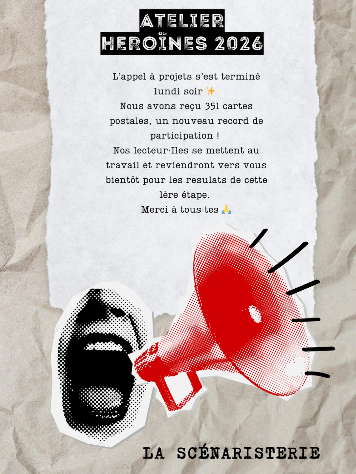 L’appel à projets pour l’Atelier Héroïnes 2026 s’est achevé lundi soir. Un grand merci à tous·tes pour cette participation record ! 351 cartes postales 🤘 et du boulot pour nos lecteur·i ces qui se mettent au travail.