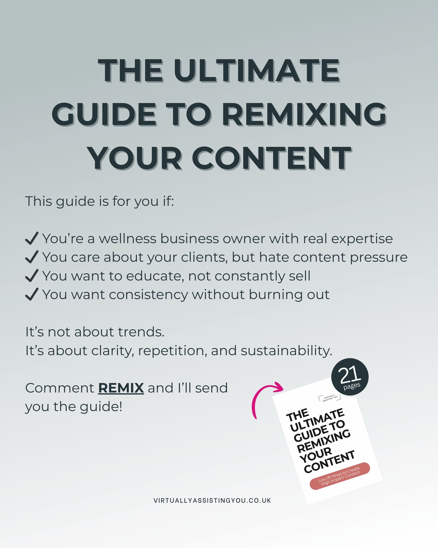 If this resonates, this guide was created with you in mind 🫶🏼
You’re deeply knowledgeable at what you do, but showing up online can feel like another thing to hold.
You want your content to:
✨support and educate
✨reflect your values
✨build trust over time
…not pressure you into posting, just to 'keep up'.
This isn’t about chasing trends or forcing yourself to be louder.
It’s about sharing your message in a way that feels sustainable, grounded and realistic - even during busy periods.
If that sounds like the kind of support you’ve been craving, comment REMIX and I’ll send the guide straight to you 🩷