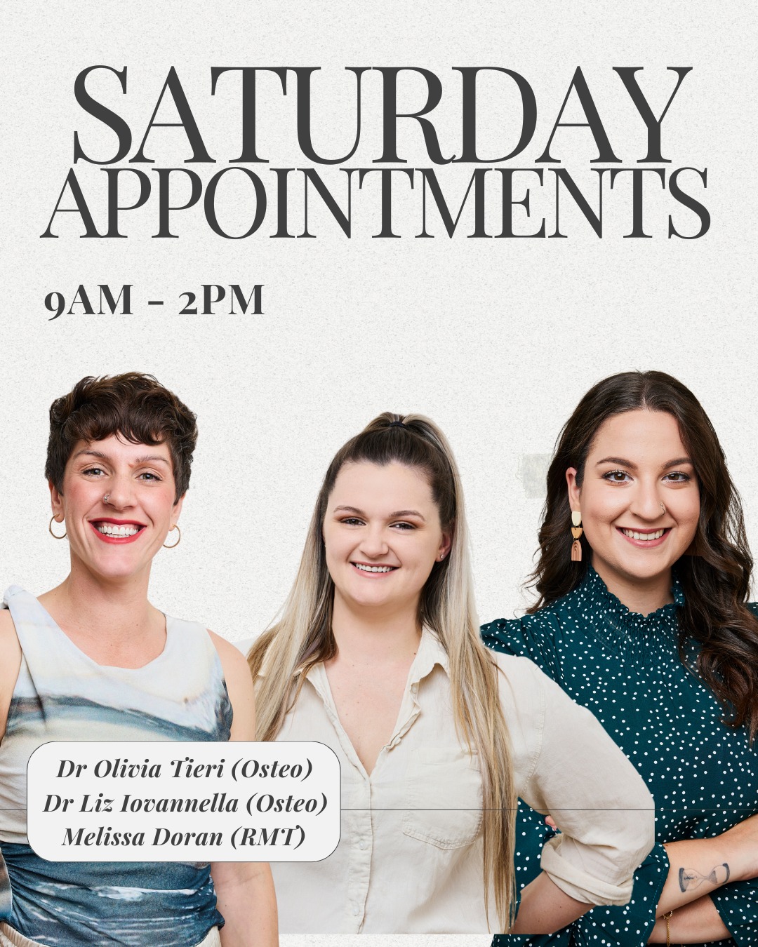 We’re excited to share that Dr Liz Iovannella (Osteo) is now available Saturdays at our South Morang clinic.
Saturday appointments are always in high demand, so we’re thrilled to be opening up a fresh intake of Saturday bookings, alongside Dr Olivia (osteo) and Melissa (RMT).
If weekdays are tricky or Saturdays suit your lifestyle best, now’s the time to jump in before these spots fill (because they always do).
📍 South Morang
🕘 Saturdays | 9am–2pm
📲 Book online via our website or 0434 304 330