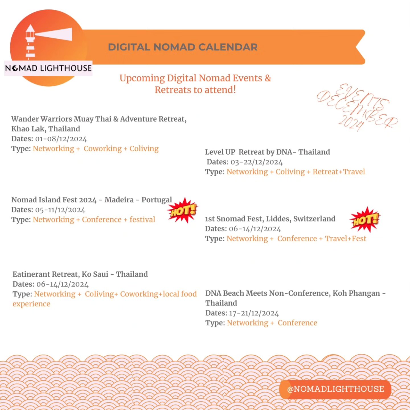 🌍✨ **Hey Digital Nomads!** 🎒💻
The *final events* of 2024 are here, and you won’t want to miss out! 🗓️ December is packed with amazing opportunities to connect, grow, and celebrate the nomadic lifestyle. 🎉
🚀 Stay tuned to **@NomadLighthouse** for all the updates, tips, and exclusive previews of what’s coming in 2025—big things are on the horizon! 👀🌟
Let’s end this year with a bang and gear up for even greater adventures ahead. 🌎🌴 Where will your laptop take you next? 🛫
🔗 Follow us now and stay in the loop!
#DigitalNomads #RemoteWorkLife #NomadicLifestyle #WorkAndTravel #LocationIndependent #DigitalNomadEvents #NomadLighthouse #ExploreTheWorld #WorkAnywhere #FreedomLifestyle
🔥💼💡