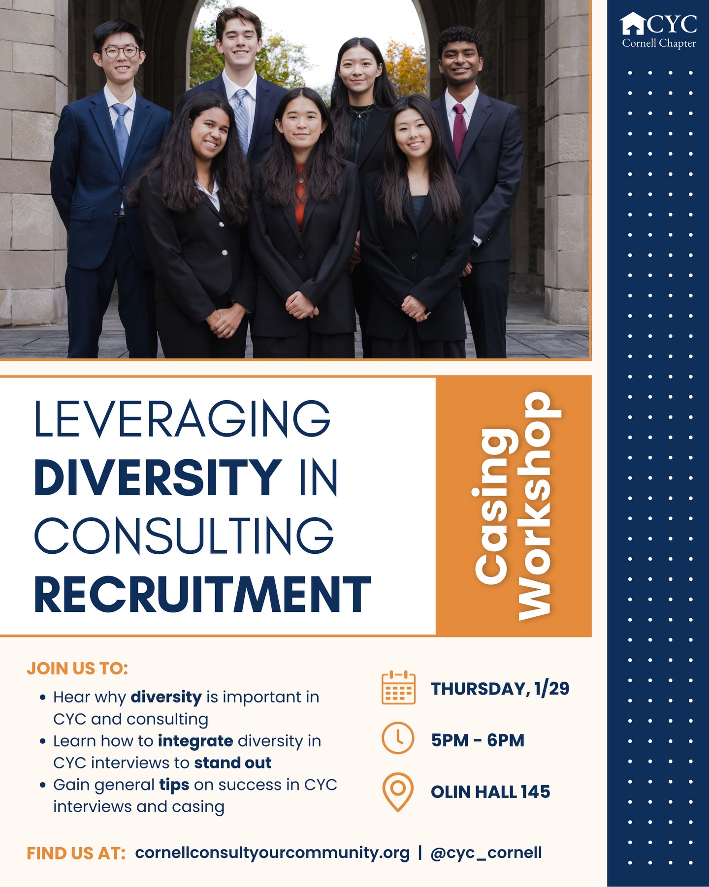 Join us tonight at 5PM in Olin Hall 145 for a casing workshop! Reminder to continue signing up for coffee chats and filling out our interest form to stay in the loop about any recruitment updates!