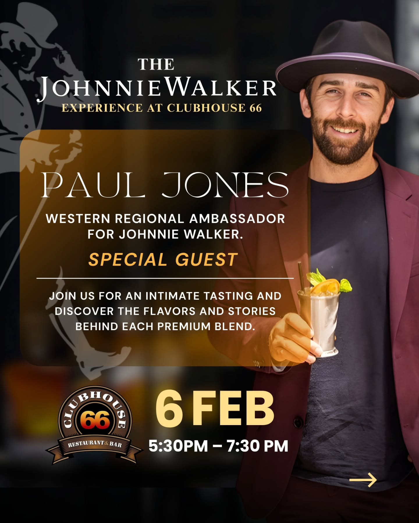 An Evening with a Legend: Paul Jones ✨
Rare whisky deserves a rare storyteller. @walking_with_paul
We are honored to host Paul Jones, Johnnie Walker’s Western Regional Ambassador, for our upcoming Guided Tasting Experience on Feb 6th.
Paul is a veteran of the industry, famous for his "storytelling and sensory-forward style." Whether you’re a lifelong Scotch enthusiast or new to the world of Johnnie Walker, Paul’s deep expertise will transform the way you taste and understand these iconic blends.
Don't miss this chance to learn from a true industry insider in the intimate setting of Clubhouse 66.
🎟️ Only 30 tickets total—grab yours before they’re gone!
#JohnnieWalkerExperience #WhiskyTasting #PaulJones #Clubhouse66 #GlendoraEvents ScotchLover