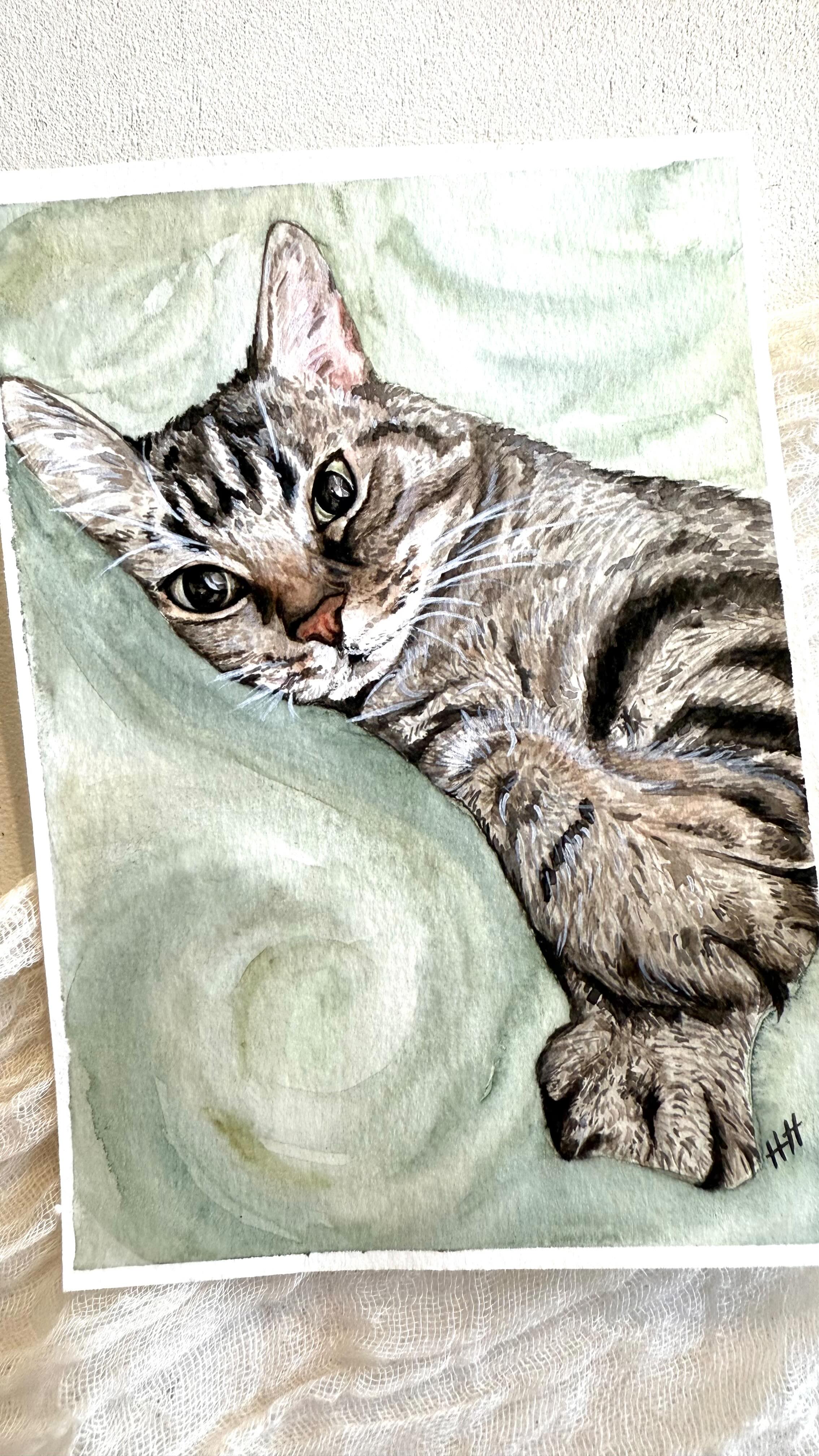 Add the final touches to Emma’s portrait with me ✨
This was a memorial portrait and I am so honored to have been chosen to paint her.
The last step in my process is to use a concentrated amount of white watercolor to add fine details, highlights and of course whiskers. These last touches are really what bring a pet portrait together. 🐾
It feels good to be painting again, and even better to make something for someone else. 💗💗
Thank you @aesthetics.by.april for picking me to paint your sweet Emma 💚
#petportraitartist #watercolor #petportrait