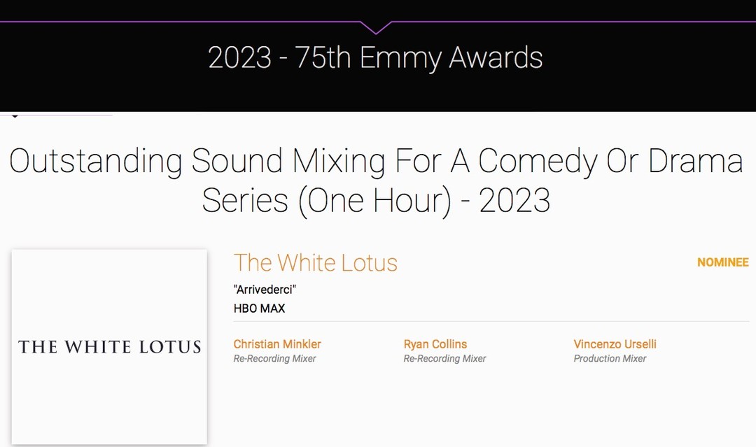 Congratulations to Christian Minkler & Ryan Collins for their Emmy nomination! Christian & Ryan are being recognized for their outstanding mixing on the show @thewhitelotus , episode "Arrivederci".
@westwind_media is super proud and honored to have had Christian & Ryan mixing The White Lotus here at Westwind!
#westwindmedia #hbomax #thewhitelotus #bringingpicturetolifewithsound #dolby #emmy #dolbyatmos #atmos #avid #avidprotools #protools #avids6 #audiopostproduction #audiopost #adr #adrsuite #automateddialoguereplacement #foleystage #foley #foleymixer #foleyartist #foleyrecording #shotgunmic #sounddesign #sounddesigner #audiomixing #soundfortv #soundforfilm #entertainmentindustry #tvseries
