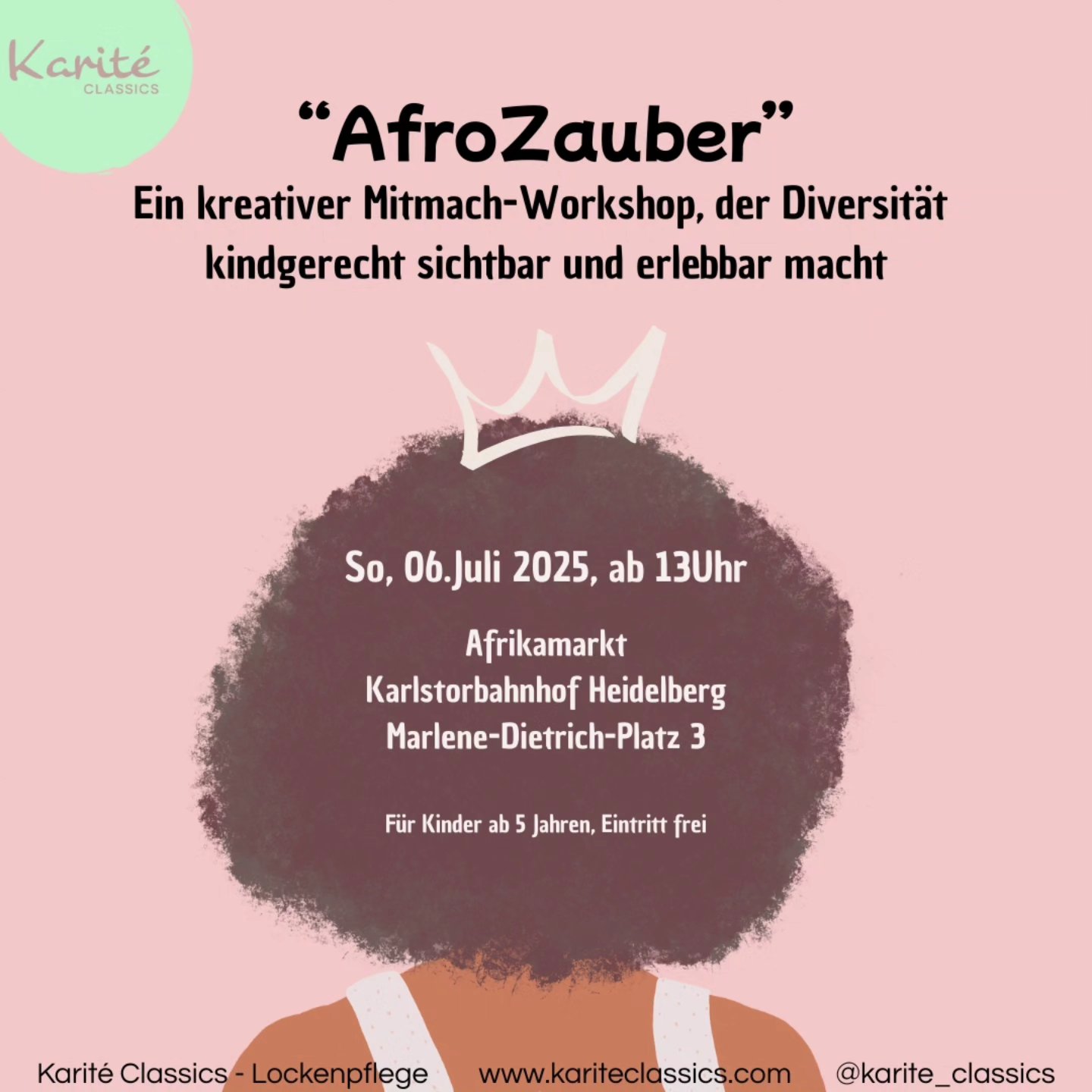 Lieben Dank an alle, die am Sonntag in Heidelberg vorbeigeschaut haben 🥰
Unser offenes Workshop-Konzept "AfroZauber"🧚🏽♀️ ist ein kreativer Raum, in dem Kinder die Schönheit und Vielfalt von Afrolocken entdecken und zelebrieren können.
An Übungsköpfen können fantasievolle Frisuren gestaltet oder geflochten werden. Dazu gibt es empowernde (Ausmal-)Bilder, kreative Bastelstationen und Kinderbuch-Tipps rund um das Thema Afrolocken. Ziel des Workshops ist es, Kinder in ihrer Selbstliebe zu stärken, und Diversität sowie Repräsentation kindgerecht sichtbar und erlebbar zu machen.
📅 Unser nächster Workshop in Heidelberg ist für den 21. September geplant. Infos folgen hier und auf unserer Website www.kariteclassics.com
#afrohairkids #afrolocken #lockenpflege #diversität #representationmatters #empowermentfürkinder #afrozauber #kinderworkshop #heidelbergcity #heidelbergmitkind #afrikamarktheidelberg