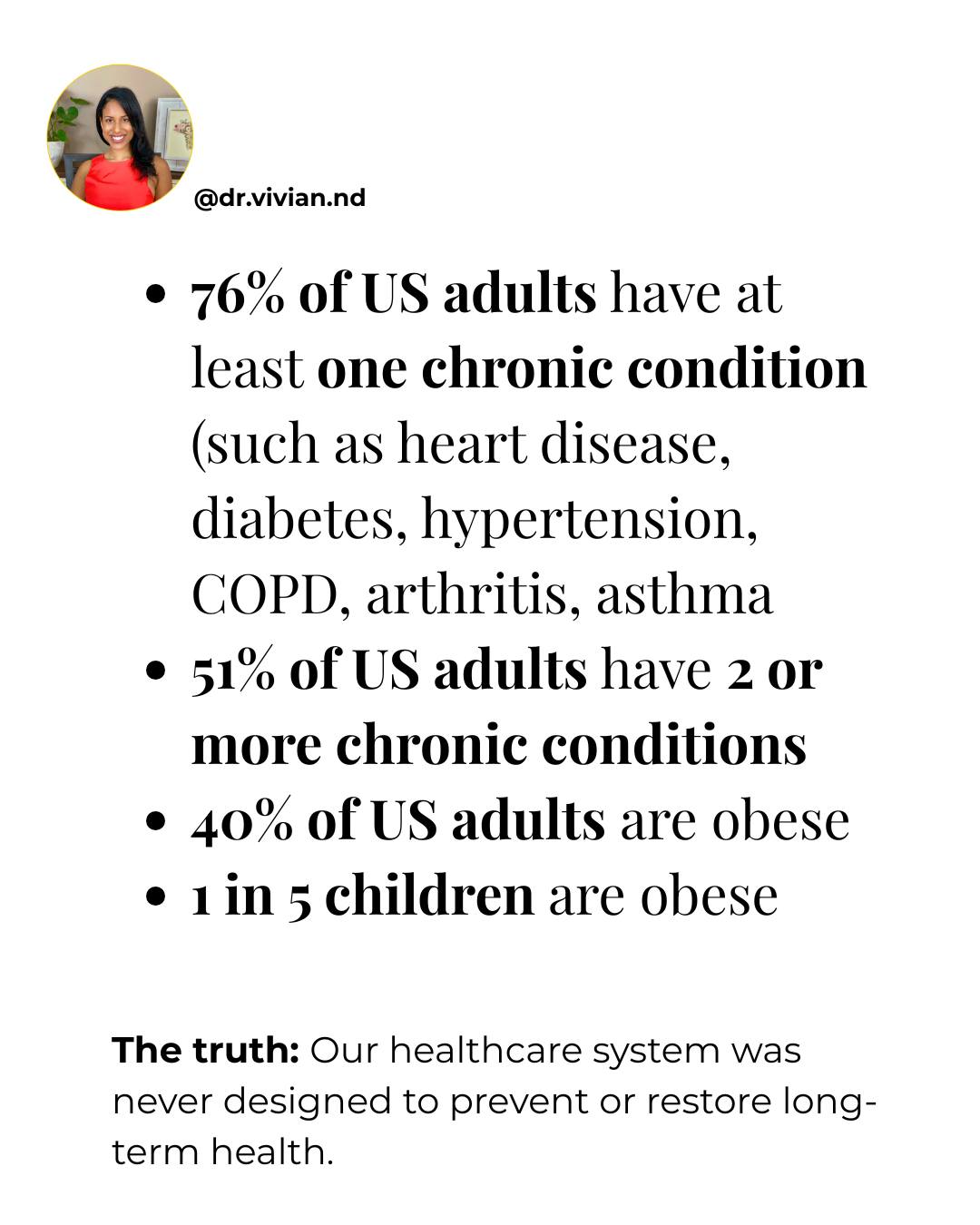 Chronic disease is not a personal failure — it’s a system failure.
76% of U.S. adults live with at least one chronic condition.
51% have two or more.
40% of adults — and 1 in 5 children — are obese.
Conventional medicine is exceptional at emergencies, surgeries, and life-saving care.
But it was never designed to prevent or reverse chronic illness.
Holistic healthcare focuses on the foundations of health — daily habits, nutrition, nervous system regulation, genetics, and long-term function.
The future of healthcare isn’t choosing one system over the other.
It’s knowing when each is needed — and using both appropriately.
Save this if you’re ready to think differently about health and share with anyone you think needs to hear this message.
-----------------------------------------------------
La enfermedad crónica no es un fracaso personal — es un fracaso del sistema.
El 76% de los adultos en EE. UU. vive con al menos una condición crónica.
El 51% tiene dos o más.
El 40% de los adultos — y 1 de cada 5 niños — tiene obesidad.
La medicina convencional es excelente en emergencias, cirugías y atención que salva vidas.
Pero no fue diseñada para prevenir ni revertir enfermedades crónicas.
La medicina holística se enfoca en las bases de la salud: hábitos diarios, alimentación, regulación del sistema nervioso, genética y función a largo plazo.
El futuro de la salud no es elegir un solo enfoque.
Es saber cuándo usar cada uno — y hacerlo de forma inteligente.
#ChronicDisease #HolisticHealth #RootCauseMedicine #PreventiveHealth #FunctionalMedicine #NaturopathicMedicine #IntegrativeMedicine #Orlando #Florida
#SaludHolística #Prevención #EnfermedadCrónica #MedicinaIntegrativa #SaludFamiliar