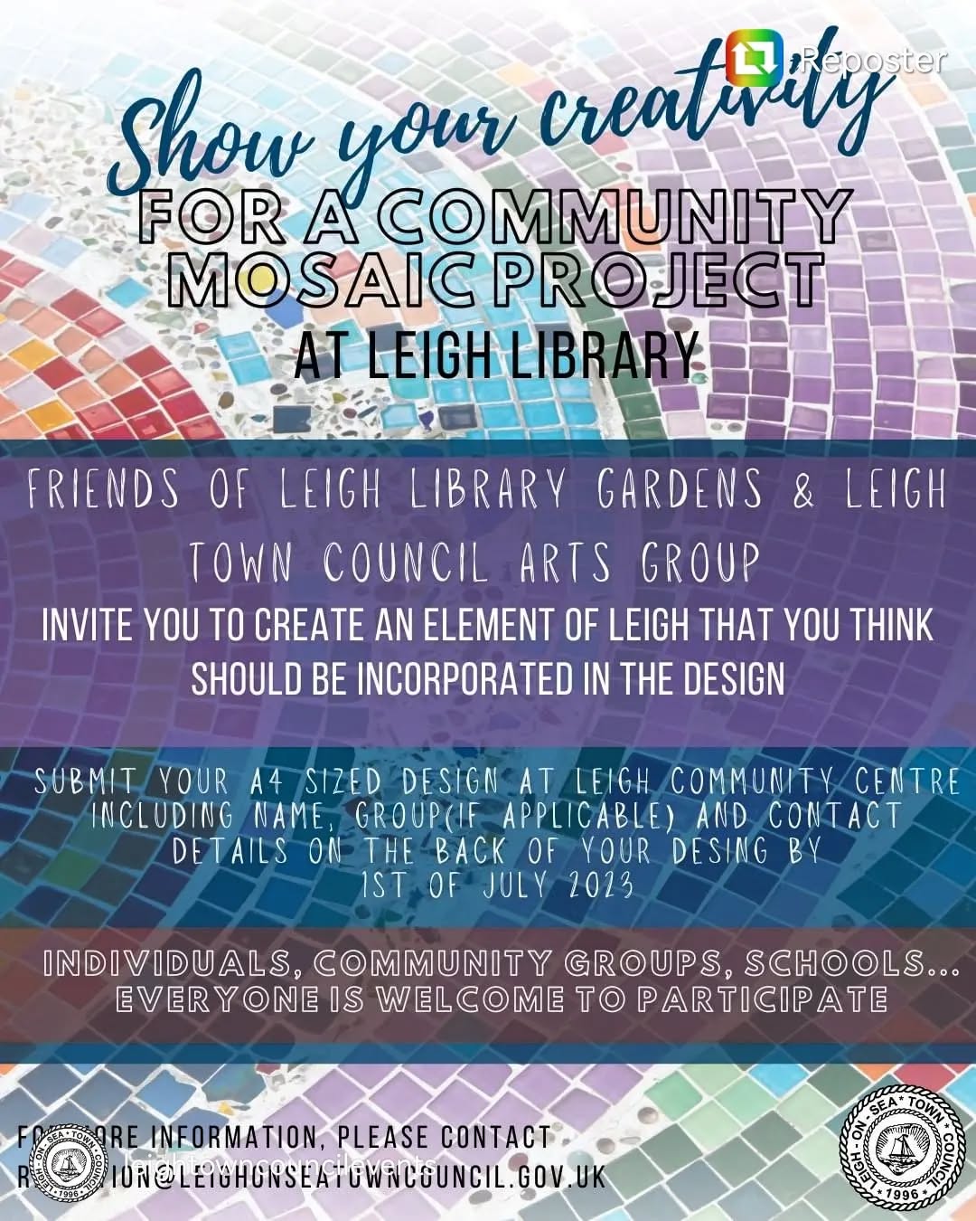 Exciting things happening in our lovely home town of #leighonsea ⛵ With a project for the library gardens 🌹🌼🌻
Working with 'Friends of Leigh Libary Gardens and' Leigh Town Council Arts Group' we are asking for submissions ✏️
So if you want to draw an element that you feel represents or is an integral part of Leigh on Sea, that may be included in the mosaic, then submit your drawings A4 size to the Leigh Community Centre by the 1st of July. Include your name, contact details and group (if applicable) on the back.
@leightowncouncilevents
@leightowncouncilartsgroup
@leighonseacom
@leighcommunitycentre
#leighonseaessex #iloveleighonsea #communityproject #mosaicproject #lovewhereyoulive