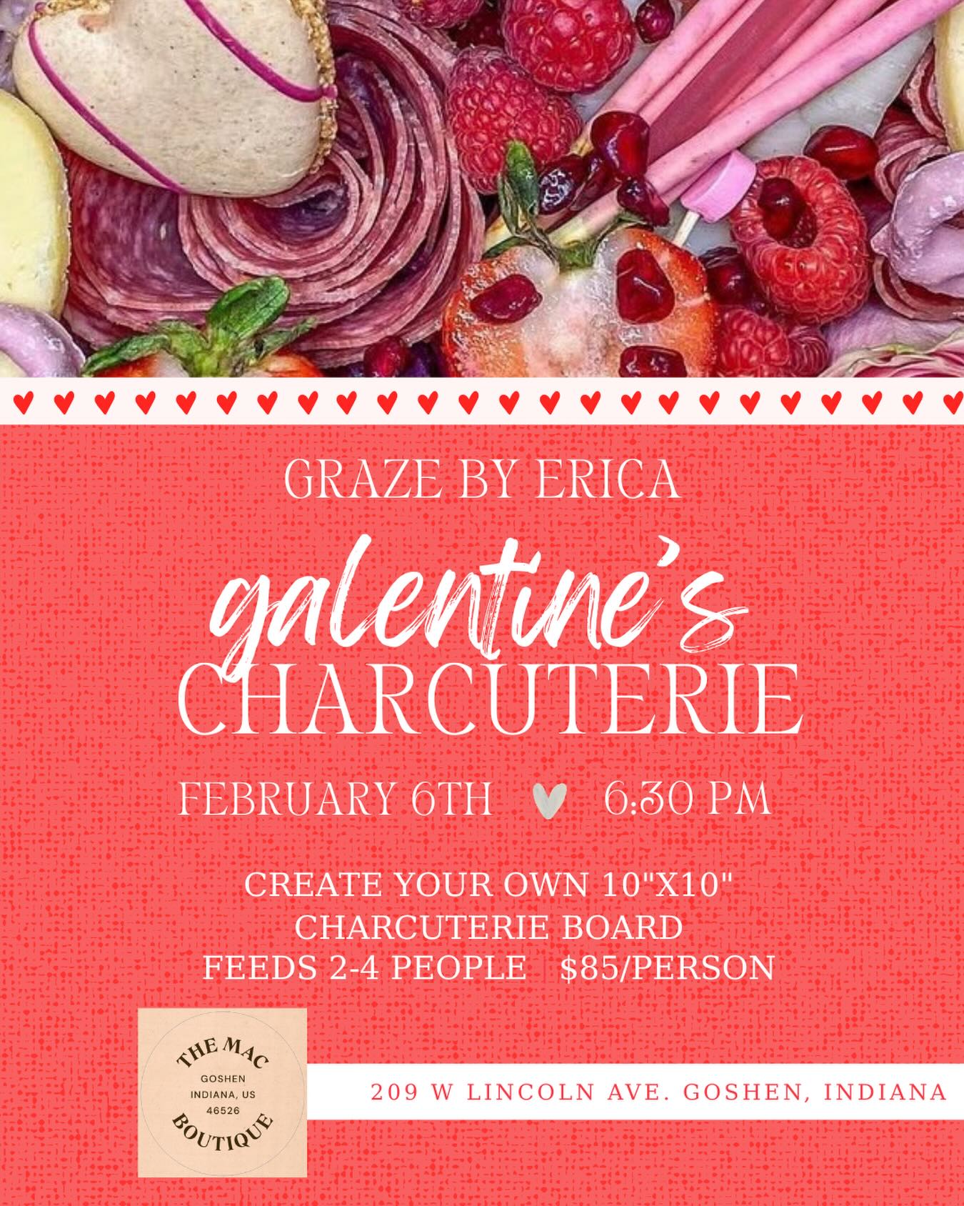 Calling all cheese lovers + girl gangs 💕
I’m hosting a Galentine’s Charcuterie Class where you’ll learn the art of grazing and create your own stunning board to take home.
🧀 10”x10” board (feeds 2–4)
📅 Feb 6th 6:30PM
📍 The Mac Boutique @shop.the.mac
💲 $85 per person
✨ To reserve your spot, send Graze a message on IG or Facebook.
Let’s graze ✨