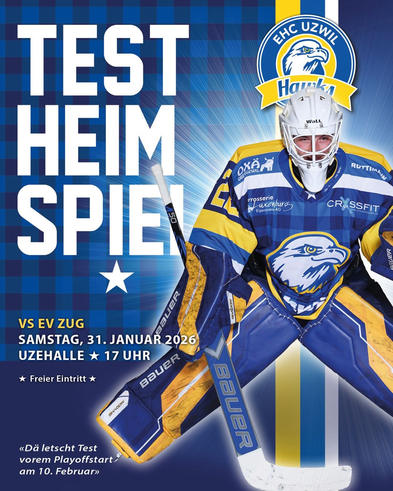 Um die längere Pause vor unserem Playoff-Start am 10. Februar 2026 zu überbrücken, bestreiten wir diesen Samstag das bereits angekündigte Testspiel gegen das 2.-Liga-Team des EV Zug. Die Zentralschweizer starten ihrerseits am 3. Februar in die Playoff-Viertelfinals der Gruppe 2 gegen den @ehcduerntenvikings
Kommt am Samstag in die Uzehalle und stimmt euch gemeinsam mit uns auf die Playoffs ein. Herzlichen Dank für eure Unterstützung – und Hopp Uzwil!
#ehcuzwil #ehcuzwilhawks #uzehalle #heimspiel #feinschliff