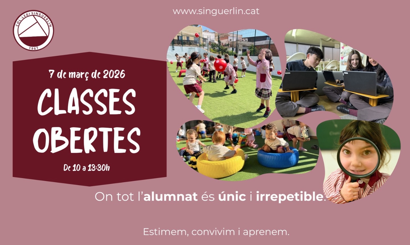 ✨ CLASSES OBERTES – Col·legi Singuerlín ✨
Vols conèixer la nostra escola des de dins?
📅 7 de març de 2026
🕙 De 10 a 13.30 h
Obrim les portes del Col·legi Singuerlín perquè pugueu descobrir el nostre projecte educatiu, els espais, l’equip docent i la manera com vivim el dia a dia a l’escola 👧🧒
Creiem en una educació on cada infant és únic i irrepetible. El nostre projecte educatiu es construeix a partir d’estimar, conviure i aprendre, perquè al Col·legi Singuerlín hi posem el cor. 💛
👉 Vine a conèixer-nos!
#TotssomSinguerlín #classesobertes #coneixlatevafuturaescola #Singuerlín