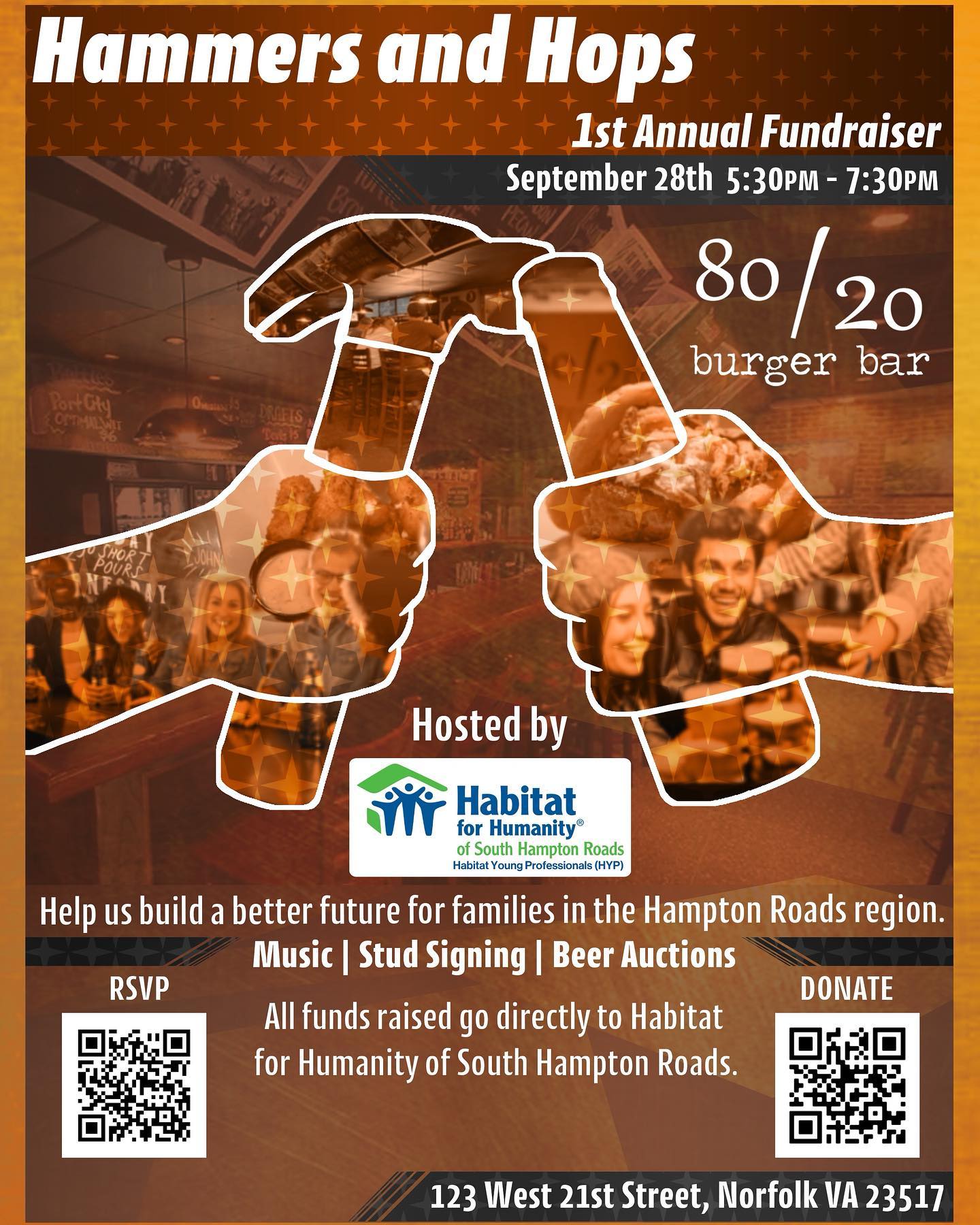 We are exited to be apart of this great fundraising event hosted at @8020burgerbar by @habitat_shr as a “Stud Sponsor”
Each donation will go towards a wood stud that will be used to build a house for a local Hampton Roads family! 🔨👷🏼♂️🏗️🏠
All donations will go directly to help our local community. Let’s help build a better future for families in the Hampton Roads area!