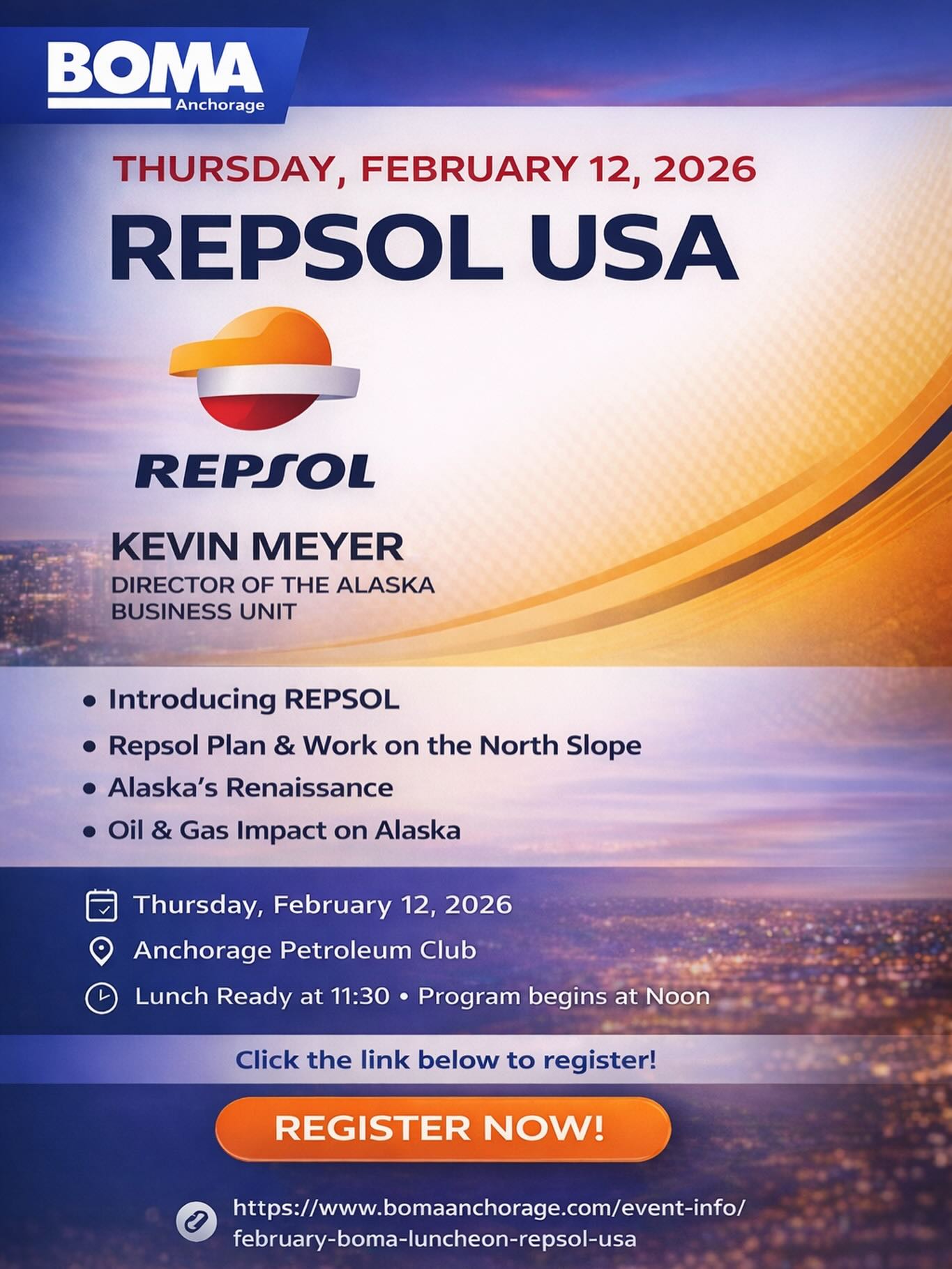 February BOMA Anchorage Luncheon 🌟
Hear from Repsol USA on North Slope development and Alaska’s energy future.
📅 Feb 12 | Anchorage Petroleum Club
🔗 Register by Feb 10