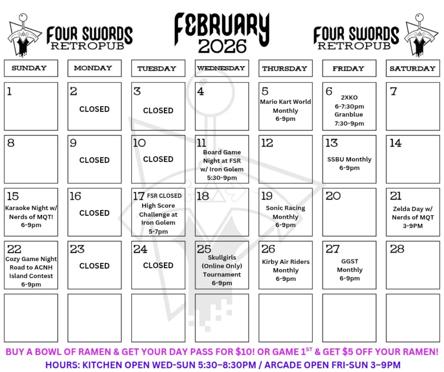💗Happy Feb💗
We are spicing things up this month with some new events!! 2XKO & Granblue Tournament on the 1st Friday back to back brackets 👊
Our friends from @nerdsofmarquette
will be joining us for TWO free events this month!
🎤 Karaoke on the 15th with Eli & James!
🗡️ Zelda Day on the 21st with @joeldsiegel
🎲 Board Game Night at FSR with @irongolemgames on Wed 11th! Along with a House of the Dead 2: High Score Challenge at Iron Golem on Tues 17th! Both events are FREE! 🧟♂️🔫
🏝️Last but not least.. Cozy Game Night: The Road to ACNH Island Contest on Sun 22nd! Bring your switches & get cozy with your friends, eat some ramen, & work on your islands to enter the contest later this year (date announced soon!)
The world is feeling heavy & divided, but we believe in the power of showing up for one another. Our mission has always been to provide a safe third space for our U.P. neighbors to disconnect from the noise and reconnect with each other through food and games. Let’s lean into community. We are here for you. -FSR Team 💖