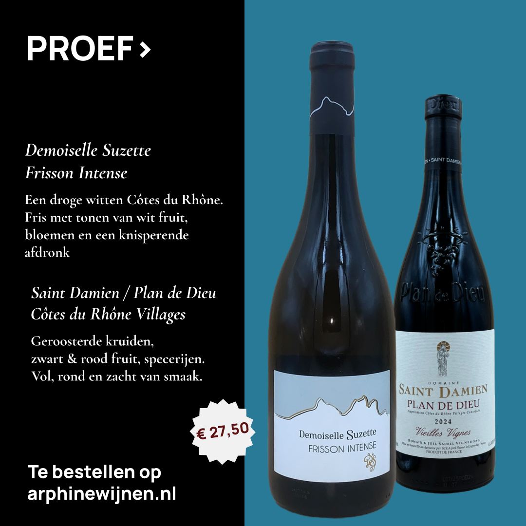 Dry January is (bijna) voorbij, daarom biedt Arphine wijnen deze flessen zuidelijke Rhône wijn voor een scherpe prijs.
Mooie combi wit en rood.
De Frisson Intense van #demoisellesuzette is een mix van Viognier en Grenache Blanc en heeft 5 maanden in RVS tanks gerijpt. De wijn is fris, knisperend. Je proeft witte bloemen, wit fruit, niet te veel zuren, is vol van smaak en heeft een medium lange afdronk.
De biologische geproduceerde Plan de Dieu #CôtesduRhôneVillages van #SaintDamien is gemaakt van Grenache en Mourvèdre van respectievelijk oude (75 jaar) en jonge (15 jaar) wijnstokken. Na 30 dagen fermentatie en 8 maanden rijping op beton proef je zwart & rood fruit en specerijen. Vol, rond, maar zacht van smaak.
Perfect voor een cosymoment (op zondag 1 februari, of een andere gezellige gelegenheid). 🎊
Bestel vandaag nog, grijp je kans, de voorraad is beperkt (link in bio).
#ZuidelijkeRhône #WijnLiefde