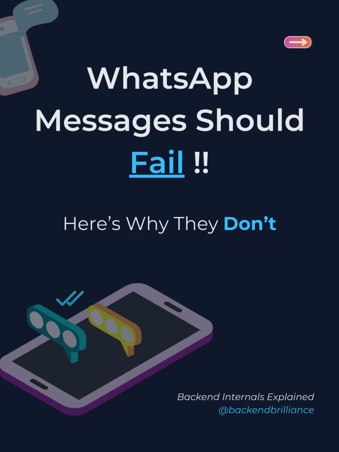 WhatsApp is not a chat app.
It’s a distributed messaging system.
Messages don’t magically travel from one phone to another.
They survive:
-weak networks
-offline devices
-app restarts
-massive scale
That’s why WhatsApp uses store-and-forward, acknowledgements,
and retries — the same patterns you’ll see in serious backend systems.
If you’ve ever wondered:
- why messages aren’t lost
- what ✓ and ✓✓ actually mean
- how reliability is designed at scale
This carousel breaks it down.
📌 Save this — messaging internals are a favorite interview topic.
👀 Follow for more: Backend Internals Explained