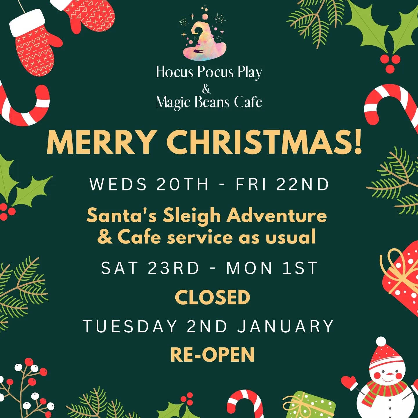 β¨ There are only 3 days left of the Hocus Pocus and Magic Beans year, and what a magical time we've had!
Thank you all so much for your continued support, we wish you a very Merry Christmas and if we don't see you before Friday, we look forward to seeing you again from Tuesday 2nd January! β¨