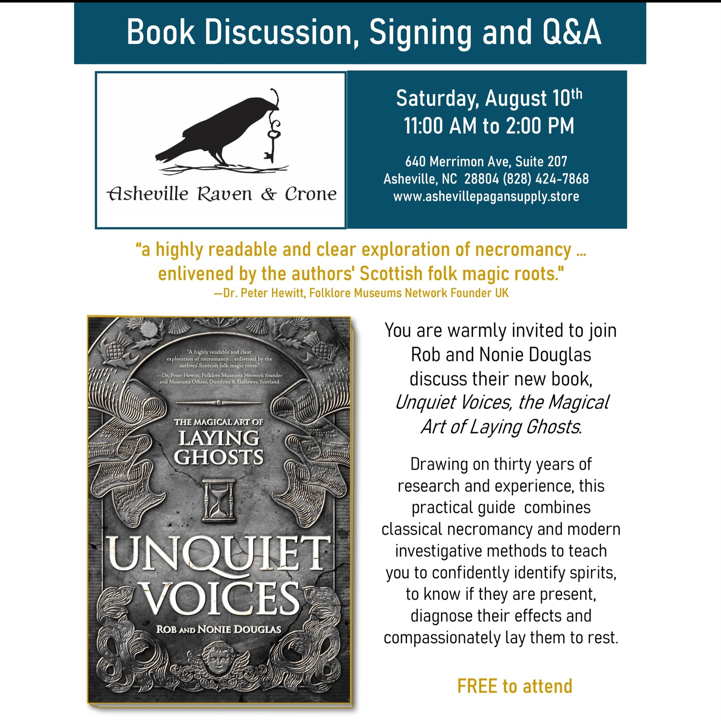 Ashevillians! Join us @ashevilleravenandcrone on Saturday, August 10th from 11 am as we introduce the topic of laying ghosts and investigative necromancy. Following we will be available to meet and greet, answer questions and book signing.
#ashevilleevents #asheville #ashevilleauthor #llewellynbooks #occultbooks #booklaunch #paganwitch #paranormalbooks #deathdoula #metaphysicalbooks
