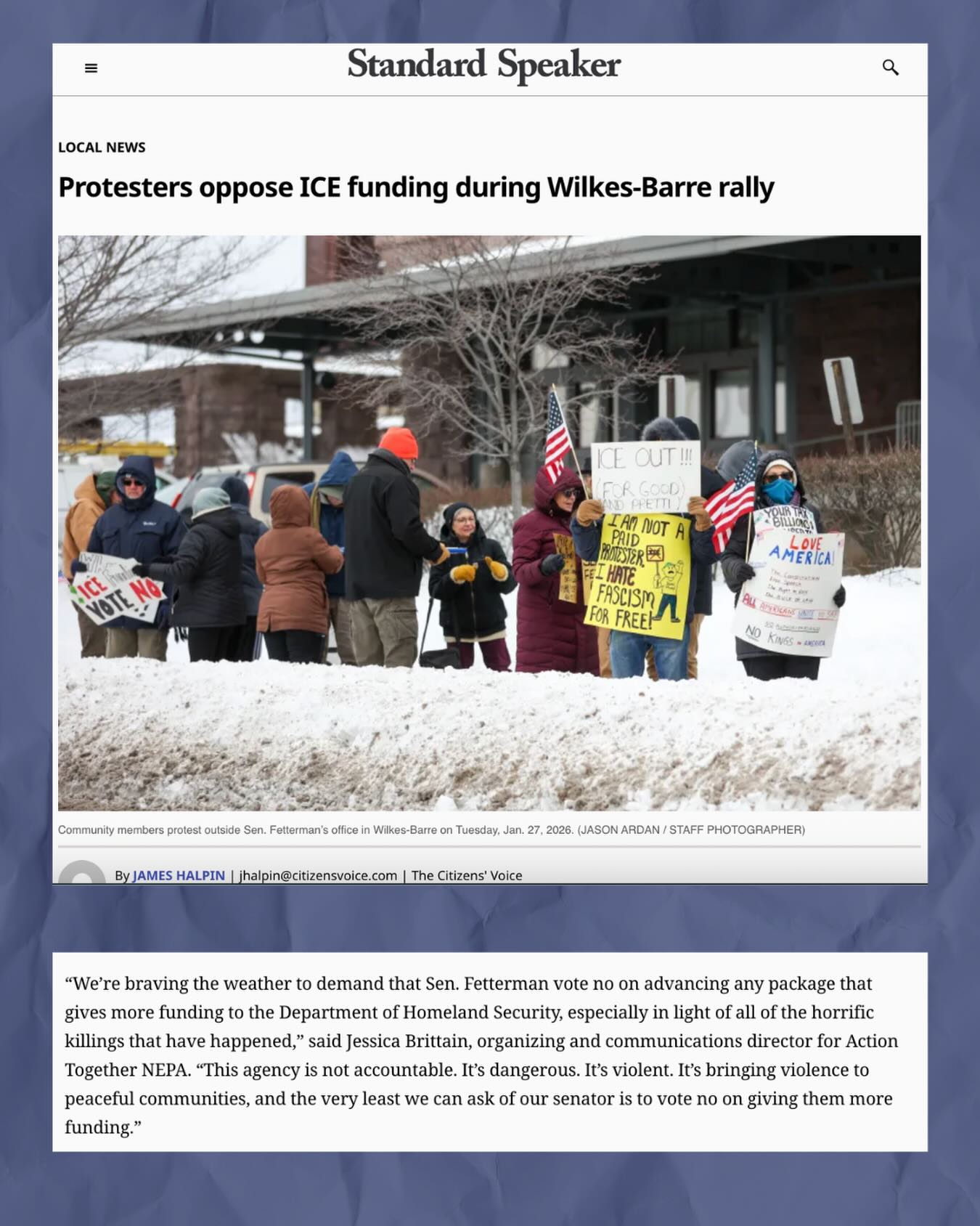 Wilkes-Barre showed up to tell @SenFettermanPA: NO MORE MONEY FOR ICE! ICE is killing people, and Congress is funding it. @SenFettermanPA can stop this now by cutting the money. LET HIM HEAR YOU!
📲 Text ICE OUT to 25463
☎️ Call (202) 224-4254 and tell Sen. Fetterman to vote NO on DHS money for ICE