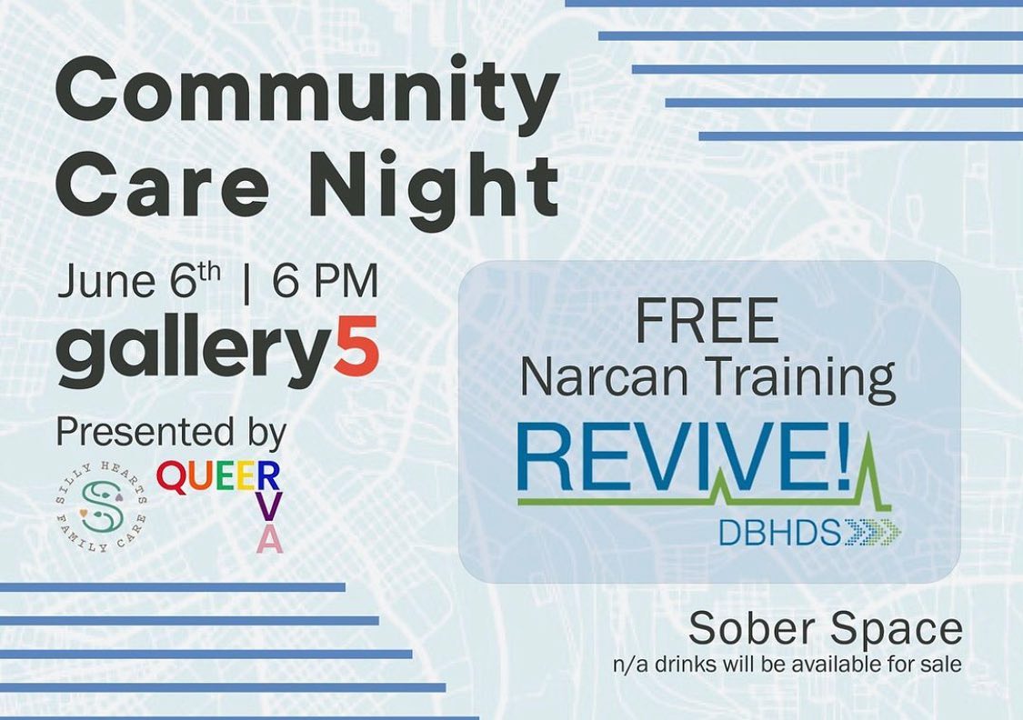 Join us June 6th for Community Care Night at @gallery5arts , an evening dedicated to connection, support, and education! We will have a table there asking Richmonders to be a part of our new series for Richmond Now!
Gallery5 is offering FREE Narcan Training, provided by REVIVE! DBHDS. Narcan (naloxone) is a life-saving medication that can reverse opioid overdoses, and our training will equip you with the knowledge and skills to administer it effectively. By learning how to use Narcan, you can make a critical difference in your community.
For this event Gallery5 will be a sober space with non-alcoholic drinks available for sale, ensuring a comfortable and inclusive environment for everyone.
Presented by Silly Hearts and Queer RVA
See you there! 😊
@richmondartsdistrict
#richmondartsdistrict
#historicjacksonward
#longlivegallery5
#gallery5arts
#rvahealth