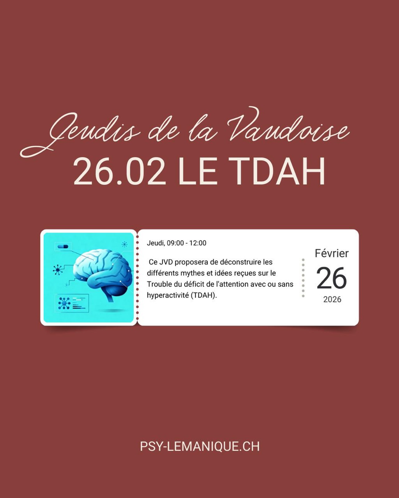 Honorée d’organiser le JVD du 26 février 2026, une matinée dédiée au TDAH au CHUV.
Un sujet encore trop souvent entouré de mythes, que nous prendrons le temps de déconstruire ensemble, avec une approche clinique, nuancée et ancrée dans la pratique.
🧠 J’aurai le plaisir d’ouvrir cette matinée avec une conférence sur les 10 mythes du TDAH, puis de participer aux vignettes cliniques autour de l’identification, de la médication et du regard de la société.
📆 Jeudi 26 février 2026 | 9h–12h (accueil dès 8h30)
📍 Auditoire César-Roux, CHUV – uniquement en présentiel
👥 Professionnel·les de la santé
🔗 Inscriptions via Acamedia
Merci aux intervenant·es pour leur engagement et au plaisir de vous y retrouver pour réfléchir ensemble, au-delà des idées reçues.
#tdah