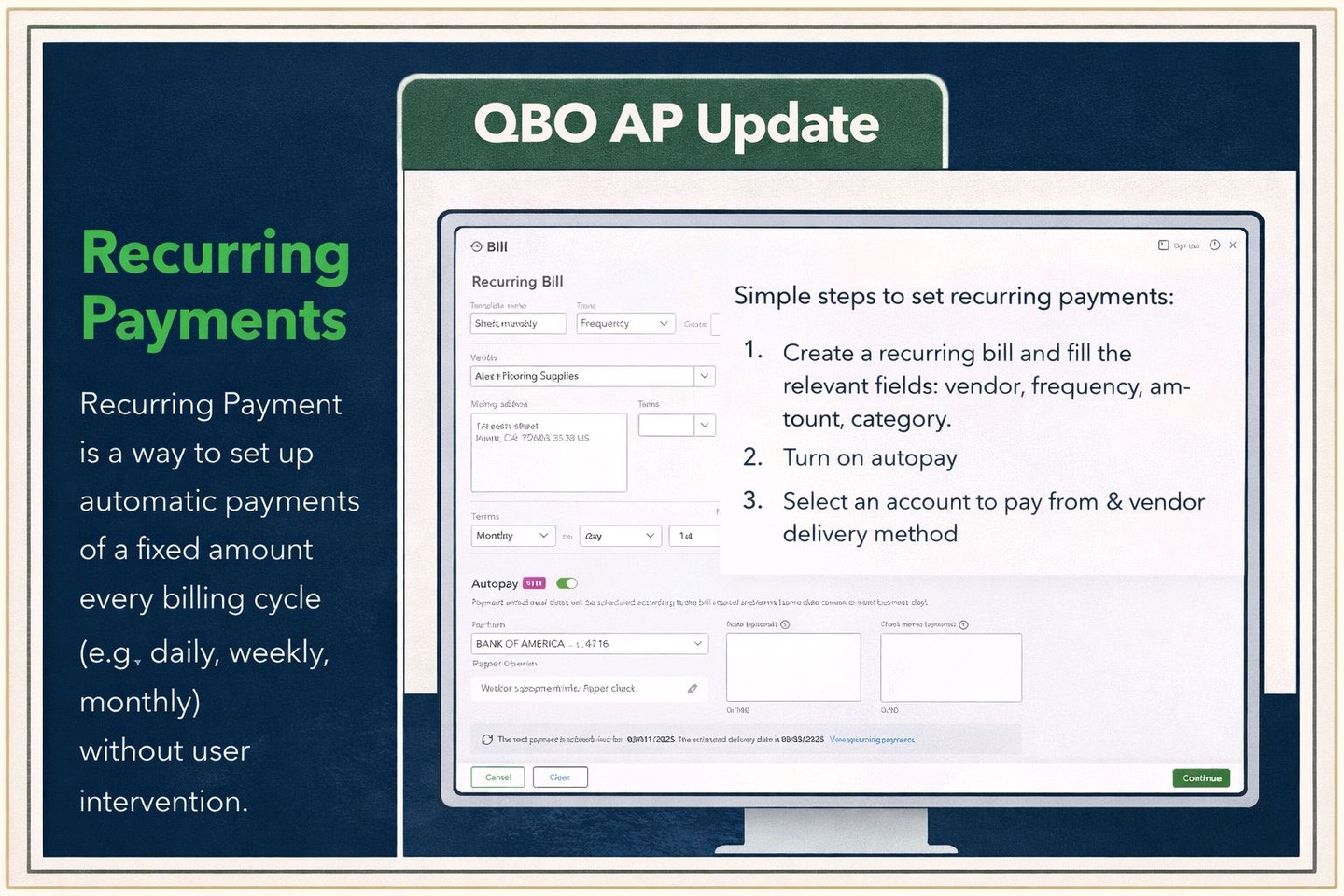 👀 Looking forward to some of these QBO AP changes.
The new recurring payment and autopay updates look promising especially for those fixed, predictable bills we manage every month.
If this works as expected, it could simplify AP workflows, reduce manual touchpoints, and help keep things more consistent on the payables side.
This will eliminate a extra step for me.
Curious to see how it performs in real-world use. Anyone started testing it yet?#ProgressNotPerfection #ConsistencyWins #BusinessClarity #PeaceOfMind #BusinessGrowth #SupportOverStress #BeyondNumbers #BeyondNumbersAK #Intuit #QuickBooks