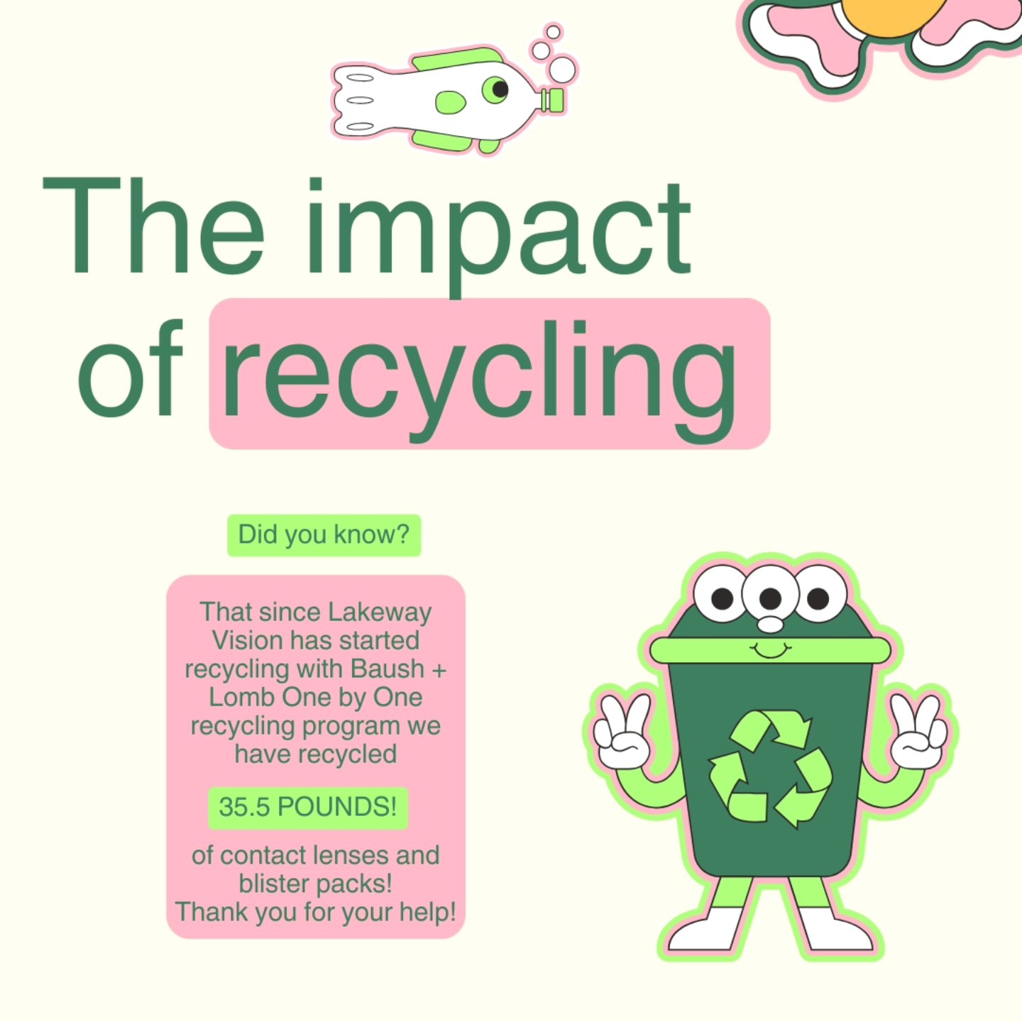 Thank you to all the patients that made this possible! Amazing that just in short time we were able to do. If you haven't heard we can recycle the containers your contact lenses come in! Some recycle plants can't do it, but we were given a company called TerraCycle! Thank you @bauschlomb for showing us this amazing company.
#lakewayvision #contacts #recycle #terracycle #baushandlomb #amazing #baushandlombandone #savetheearth #recyclecontacts