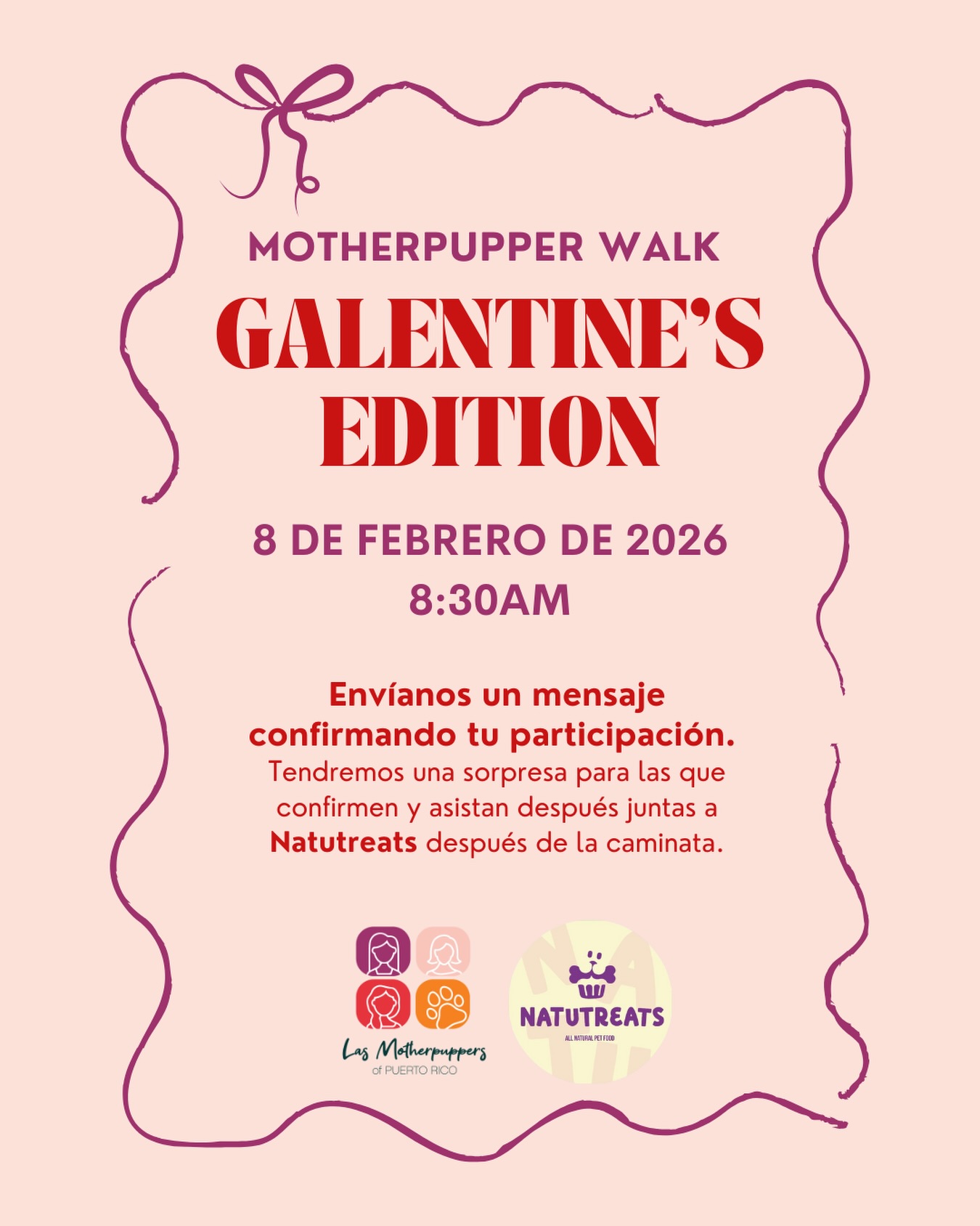 ¡El domingo, 8 de febrero nos vamos de caminata para celebrar Galentines entre dog moms! 👟🧡
📆 Fecha: Domingo, 8 de febrero
⏰ Hora: 8:30am
📍 Lugar: Paseo Lineal de Bayamón – nos encontraremos en el parking cerca de La Cambija y caminaremos hacia Santa Rosa (30 min ida + 30 min vuelta).
✨Favor enviarnos mensaje con su nombre para confirmar su asistencia. Después de la caminata tenemos una invitación para ir a compartir en @natutreats y habrá una sorpresa para las que confirmen.
‼️ Importante: No es necesario llevar tu perro para unirte. Si decides traerlo, debe tener sus vacunas al día, no ser agresivo y no estar en celo. Todos los perros deben estar en leash en todo momento.
Para no perderte nada:
🔔 Activa las notificaciones de Instagram
📧 Suscríbete a nuestros emails
📲 Únete a nuestro broadcast channel o grupo VIP de WhatsApp
💌 Comparte este post con tu #dogmom bestie y únete al primer dog mom club de Puerto Rico.
#dogmomsofpr #lasmotherpuppers #puertorico #dogmomwalk