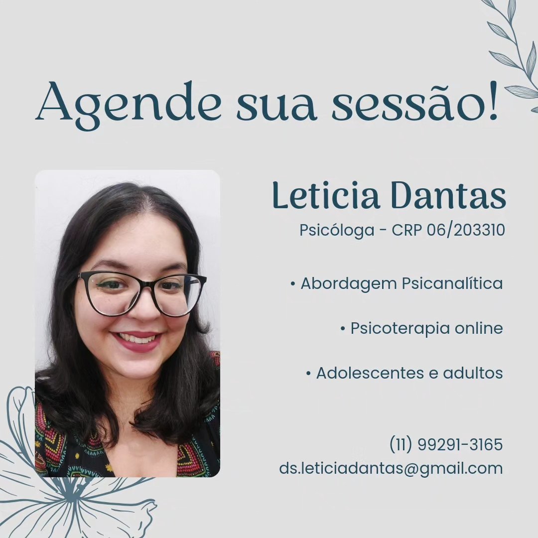 Agende sua sessão!
Meu objetivo é fornecer um espaço de escuta que seja acolhedor, livre de julgamentos e empático. Realizo atendimentos online para adolescentes e adultos.
Vamos juntos encontrar sua melhor versão!
Leticia Dantas de Souza
Psicóloga - CRP 06/203310