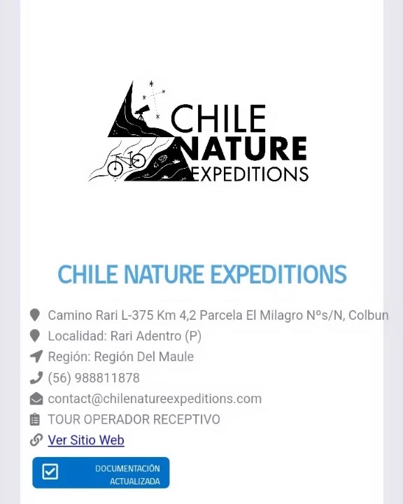¡Estamos felices!
Ya nos pueden encontrar en la pagina de Sernatur
https://serviciosturisticos.sernatur.cl/58525-chile-nature-expeditions
www.chilenatureexpeditions.com
@sernatur_maule @sernaturchile
@gustavoguldman
@ineszuira
@vivecolbun.cl
#turismoaventura #turismoastronomico #astroturismochile #turismomaule
