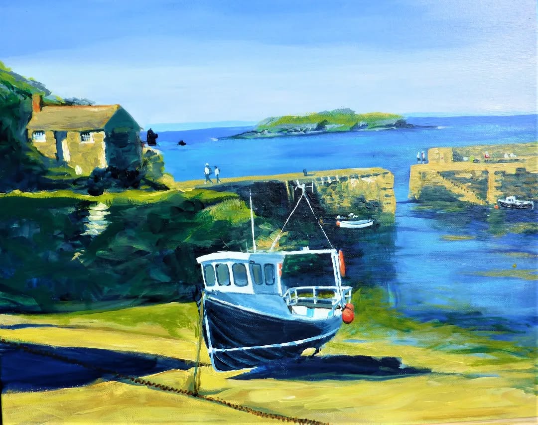 Mullion Cove, Cornwall.
Acrylic painting.
Very happy memories of kayaking around this idyllic cove, and spotting a grey seal sheltering in a cave. Absolutely stunning weather, the calm sea was as still as a mill pond.
#acrylicpaintings #acrylic #seascapepainting #cornwallcoast #cornwallliving #fishingboats #cove #artist #paintings #southwestcoastpath #southwest #cornwall #mullioncove #mullionharbourcornwall