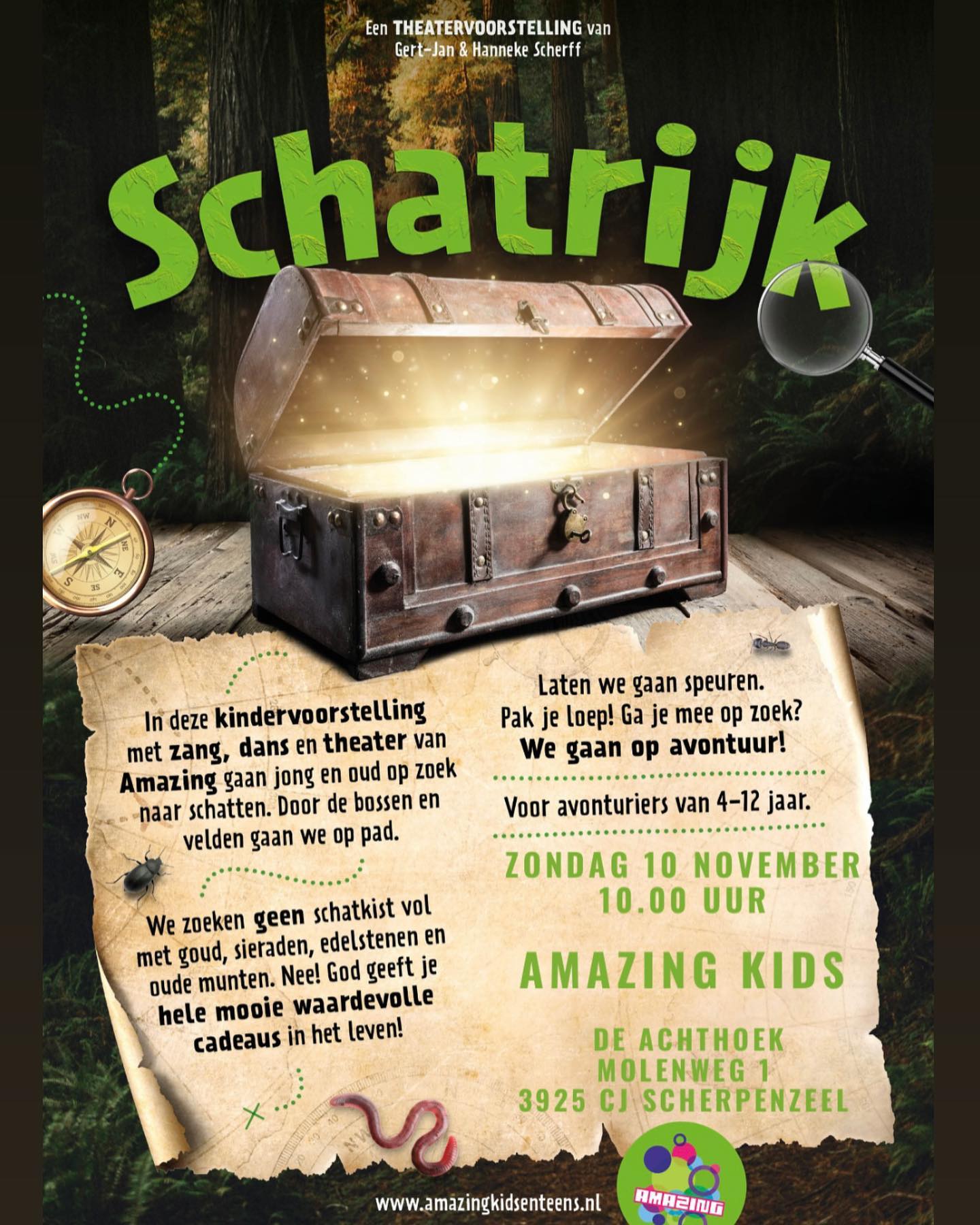Ga je mee op zoek naar de schat? 🔎
Aanstaande zondagochtend om 10:00 spelen de Kids de voorstelling Schatrijk in de kerk De Achthoek in Scherpenzeel.
Zien we jou daar? ✨🌳🍂
Toegang is gratis!
#amazing #voorstelling #zang #dans #schatrijk #ontdekken #amazingkids #theater #christelijk #kinderen #evangelisatie #leuk #schat #zingen