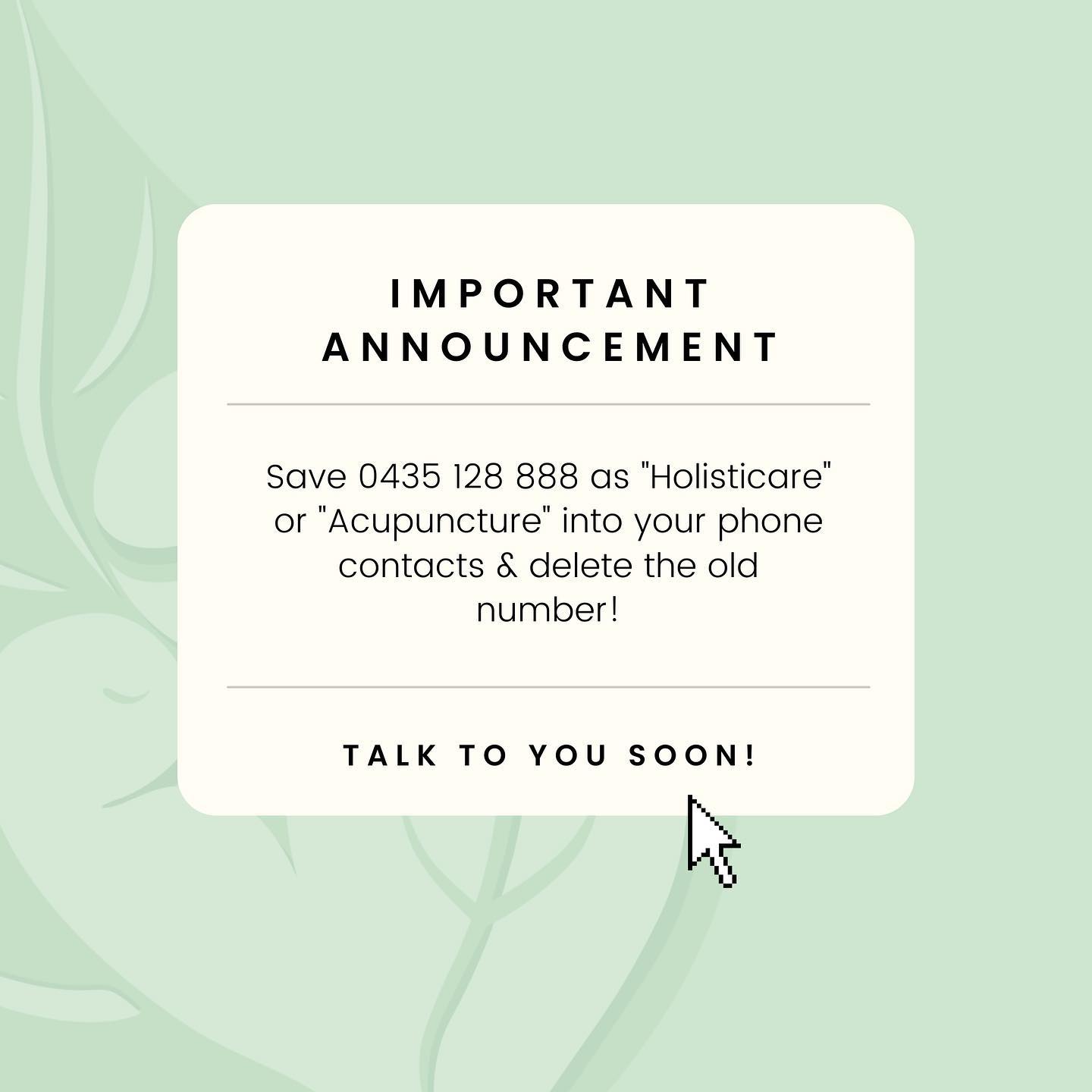 ✨ 0435 128 888 ✨
Our business is currently navigating some internal changes, and with these changes, we are changing our clinic contact number. Our new clinic number is 0435128888.
Please feel free to change this number in your contacts or contact this number if you ever want to contact the clinic!