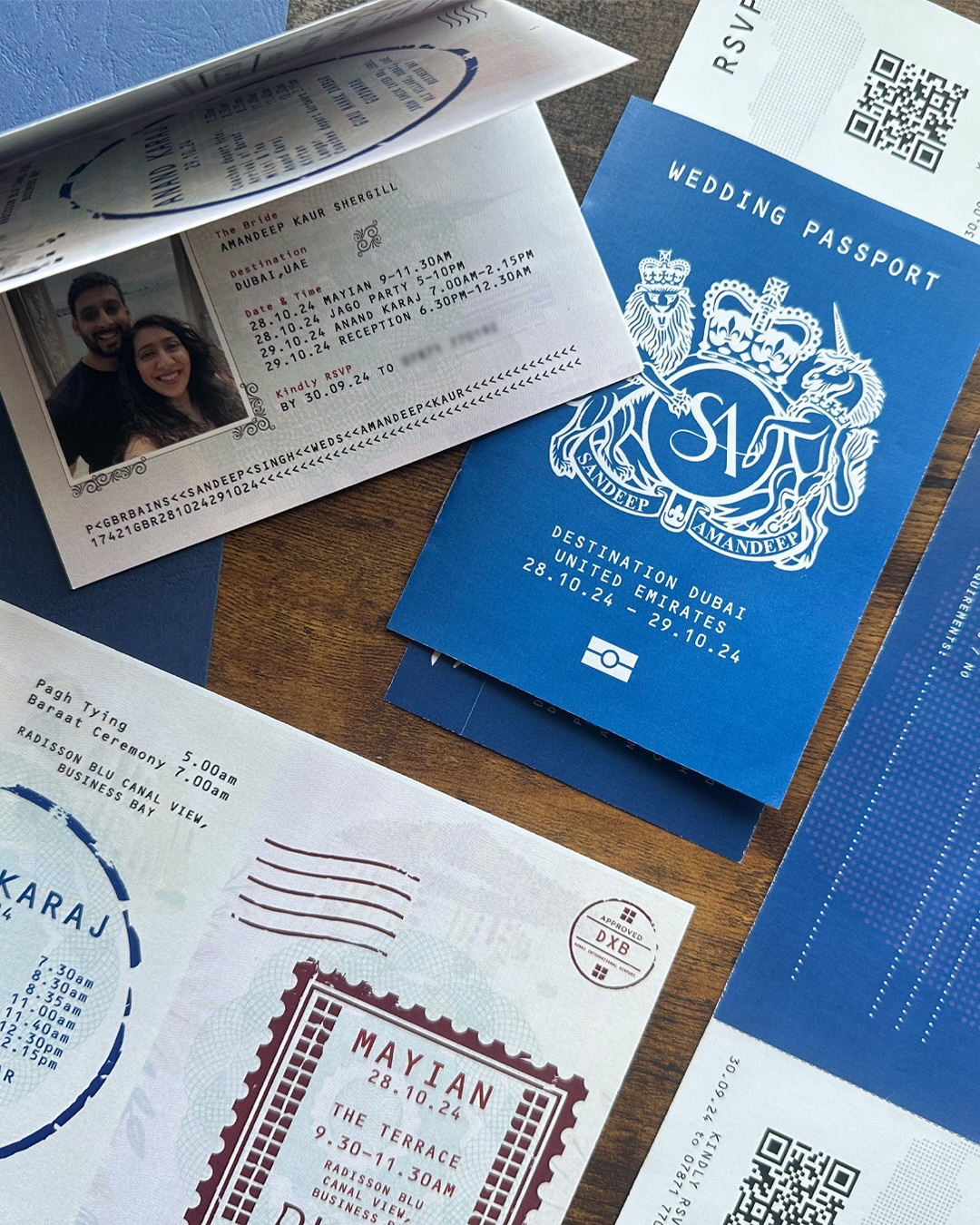 A Passport to love
For the groom’s side, these weren’t just invitations, they were keepsakes.
We had the best time designing and creating these royal passport invites for Sandeep and Amandeep’s destination wedding in Dubai, pouring love into every detail, texture, and finish. From concept to creation, this was one of our favourites. Each page had an illustrated venue, with detailed stamps to show each event, along with a boarding pass and was also brought to life with an animated e-card to share with family and friends.
.
.
.
#instawedding #weddinginspo #weddingdetails #weddingstationery #weddinginvites #luxewedding #indianwedding #indianweddinginspo #bridepreneur #creativebride #designwithlove #handcrafted #weddingaesthetic #modernwedding #weddingideas #groomdetails #passportinvites #weddingkeepsake #bespokewedding #aandkart #stationery #passportinvite