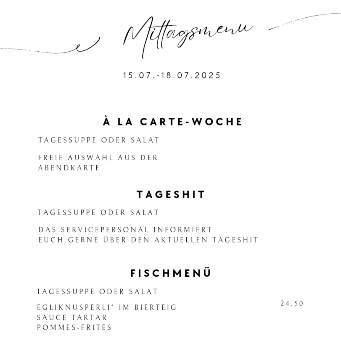 Diese Woche ist à la carte-Woche🥳
... und wir überraschen euch mit verschiedenen Tageshit 😉
Kommt vorbei!🤗