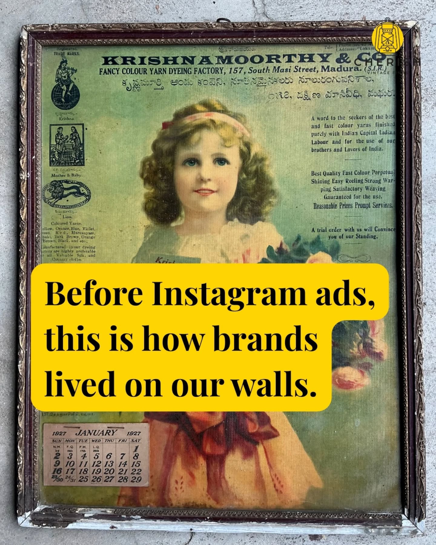 Before Instagram ads, this is how brands lived on our walls.
A beautifully preserved chromolithographic calendar print from Madurai — once an everyday object, now a rare survivor of the city’s commercial and visual history. 💛
The soft pastel skin tones, delicate shading, and confident colour blocks are hallmarks of European-style chromolithographs, widely used in Indian advertising calendars between the 1910s–1940s. Printed to be seen daily, remembered quietly, and eventually replaced — few were meant to last this long.
What remains is more than an advertisement.
It’s a glimpse into how aspiration, aesthetics, and commerce once shared the same wall.
Swipe for a video with details, textures, and the gentle wear of time.
Please DM for details.
.
.
.
.
.
#cherishvintagefinds #IndianPrints #Chromolithograph #MaduraiHeritage #ObjectsWithStories
